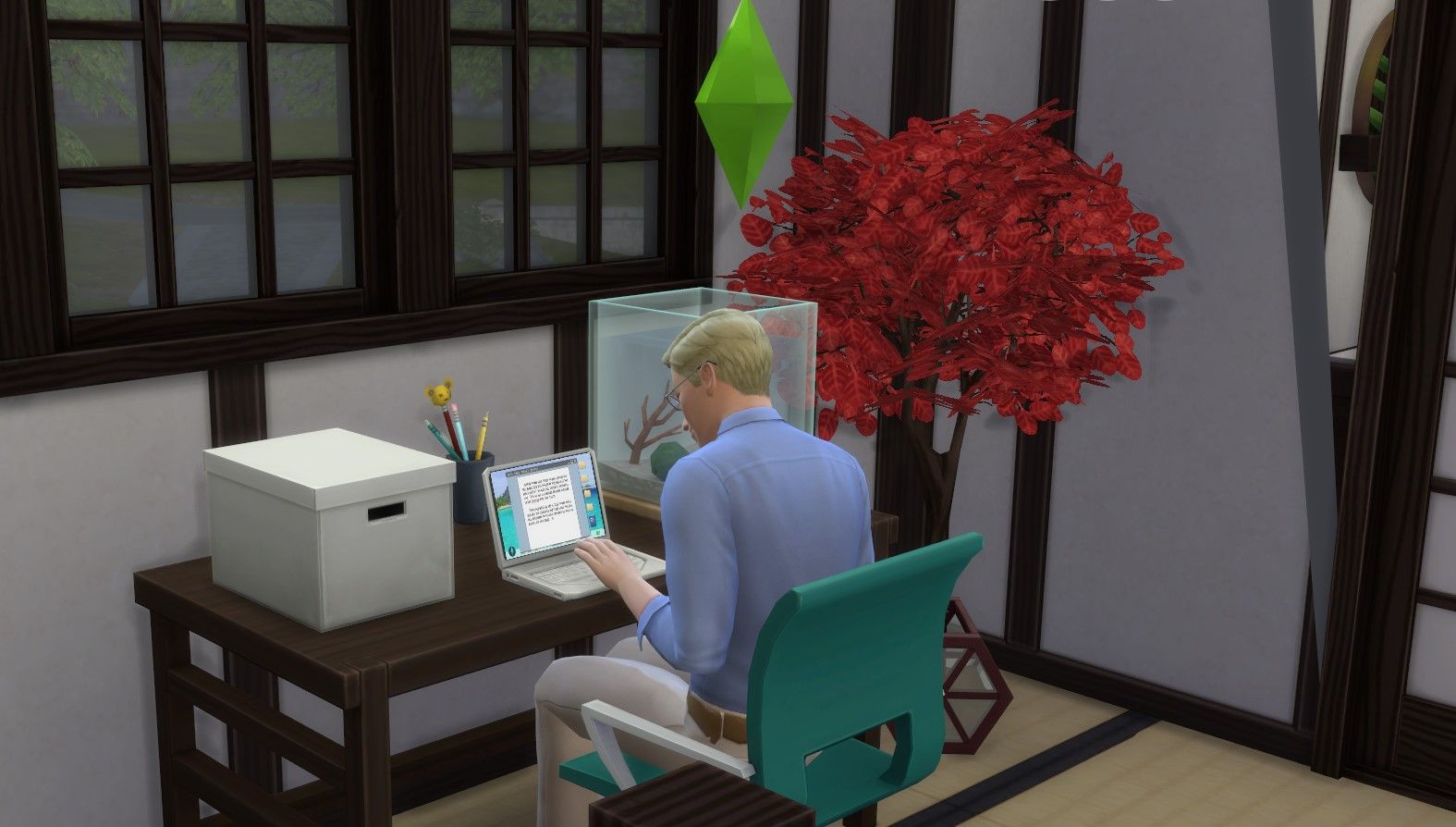 Los Sims 4: una imagen de un Sim frente a su computadora portátil