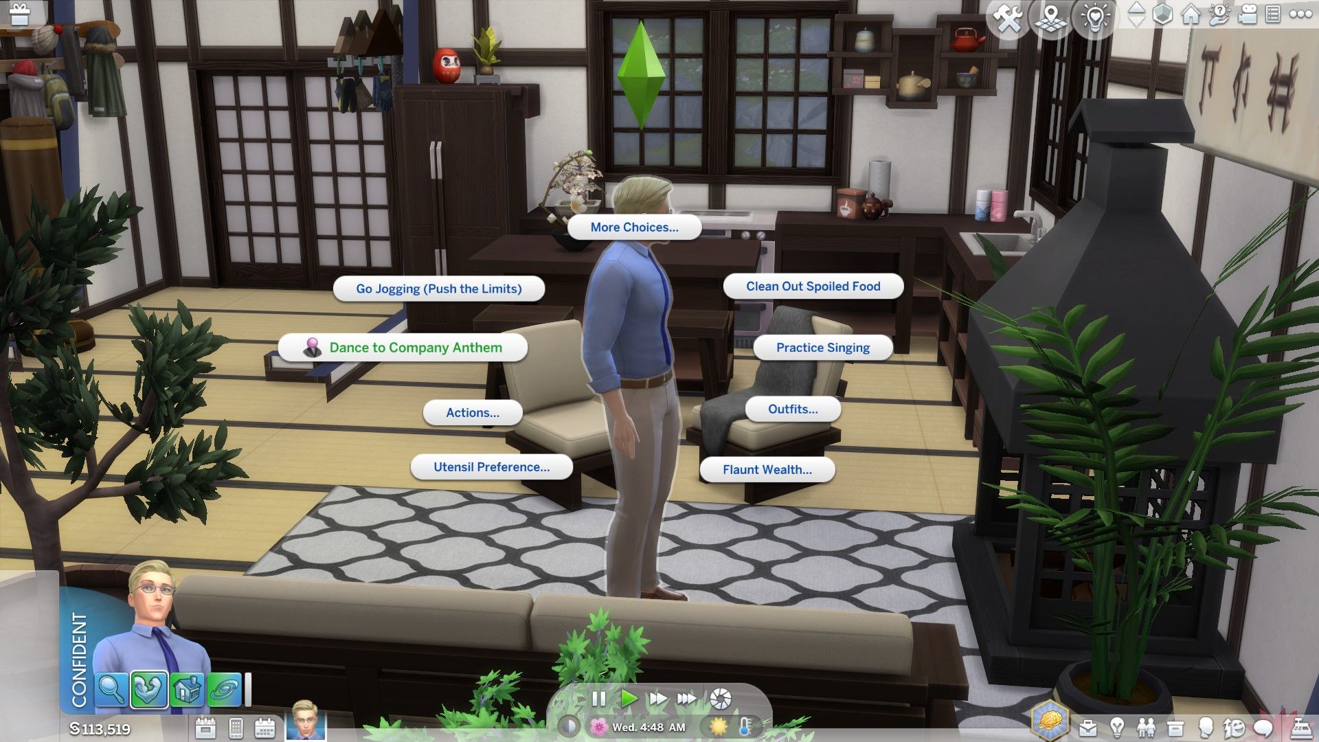 Los Sims 4: una imagen de la opción 'Bailar con el himno de la empresa' en el radial de interacción del Sim
