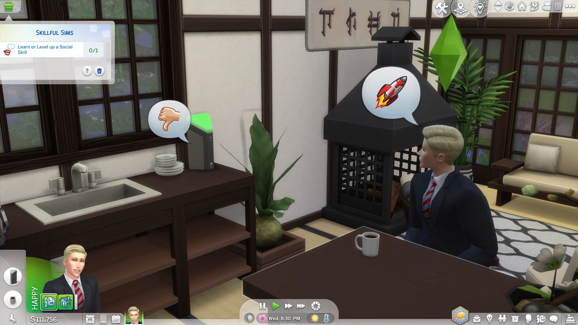 Los Sims 4: Un Sim asalariado juega trivia con Lin-Z, el ayudante de AI Sim.