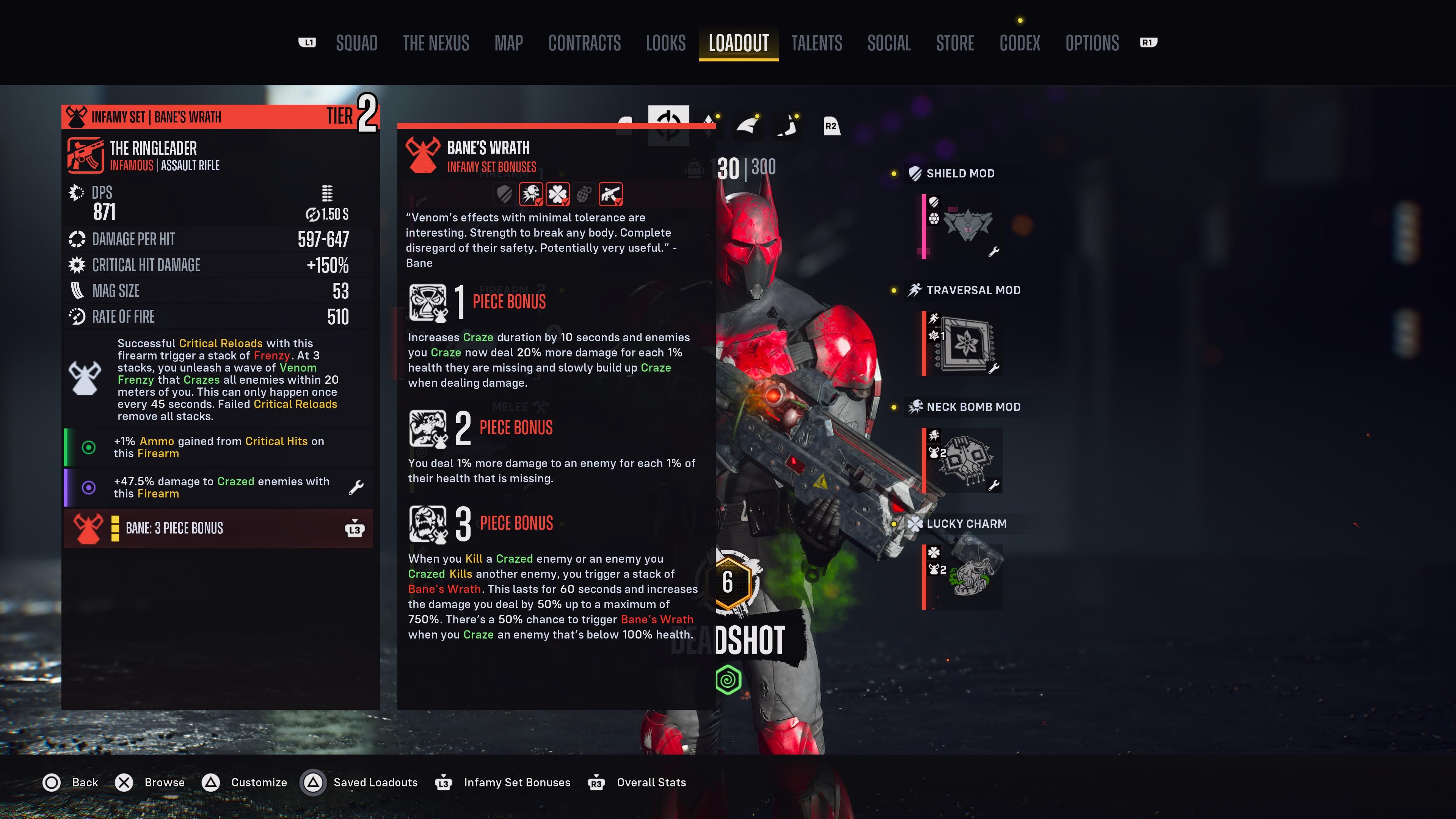 Menú de equipamiento de Deadshot con el conjunto de infamia Bane's Wrath equipado en Suicide Squad: Kill the Justice League