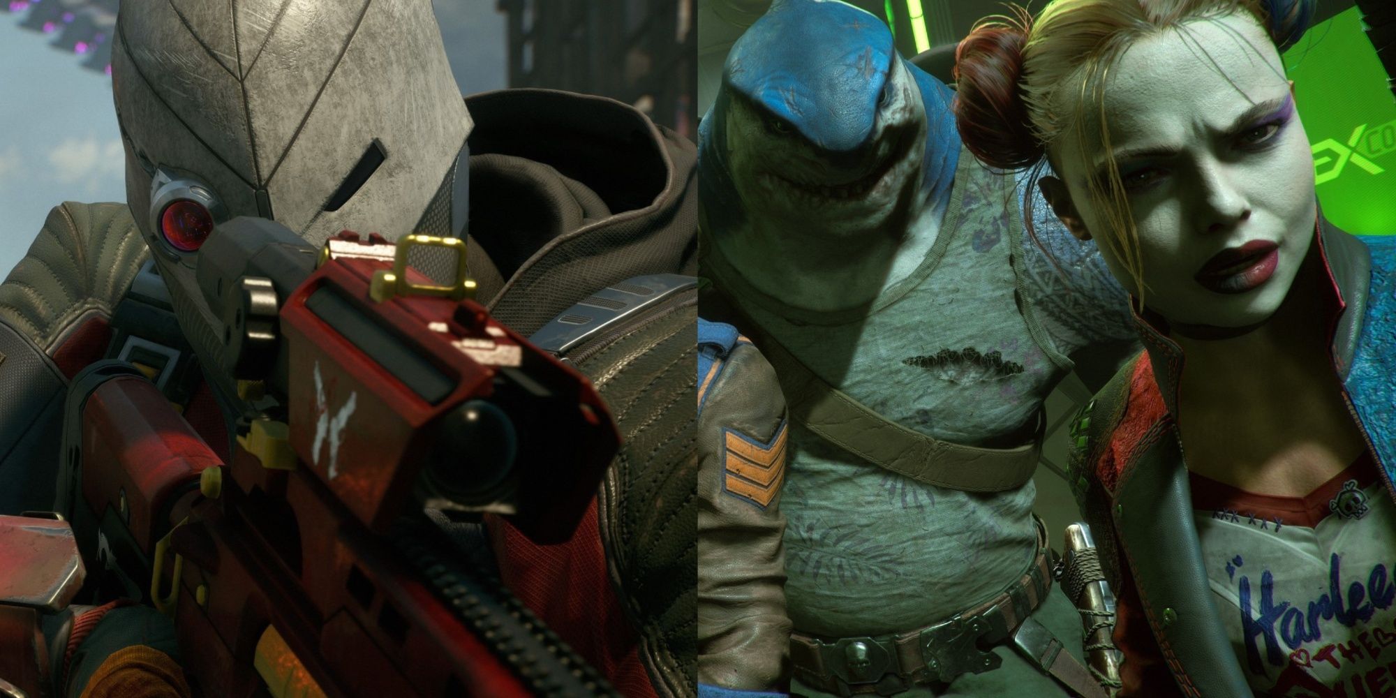 Un collage que muestra a Deadshot apuntando con su arma a la izquierda y Harley y King Shark mirando algo a la derecha.