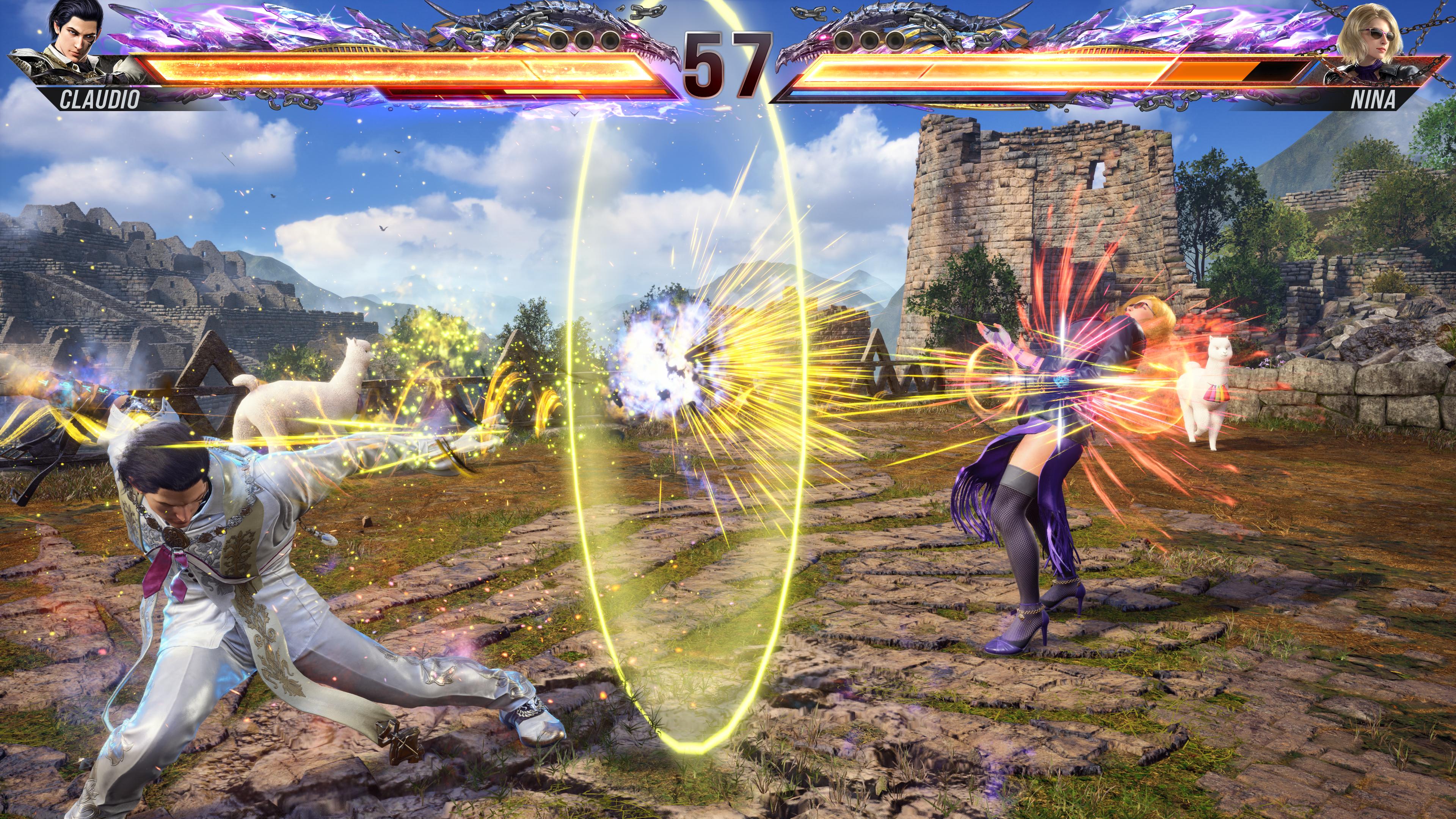 Claudio disparando una flecha mágica a Nina mientras estaba en su instalación Starburst en Tekken 8