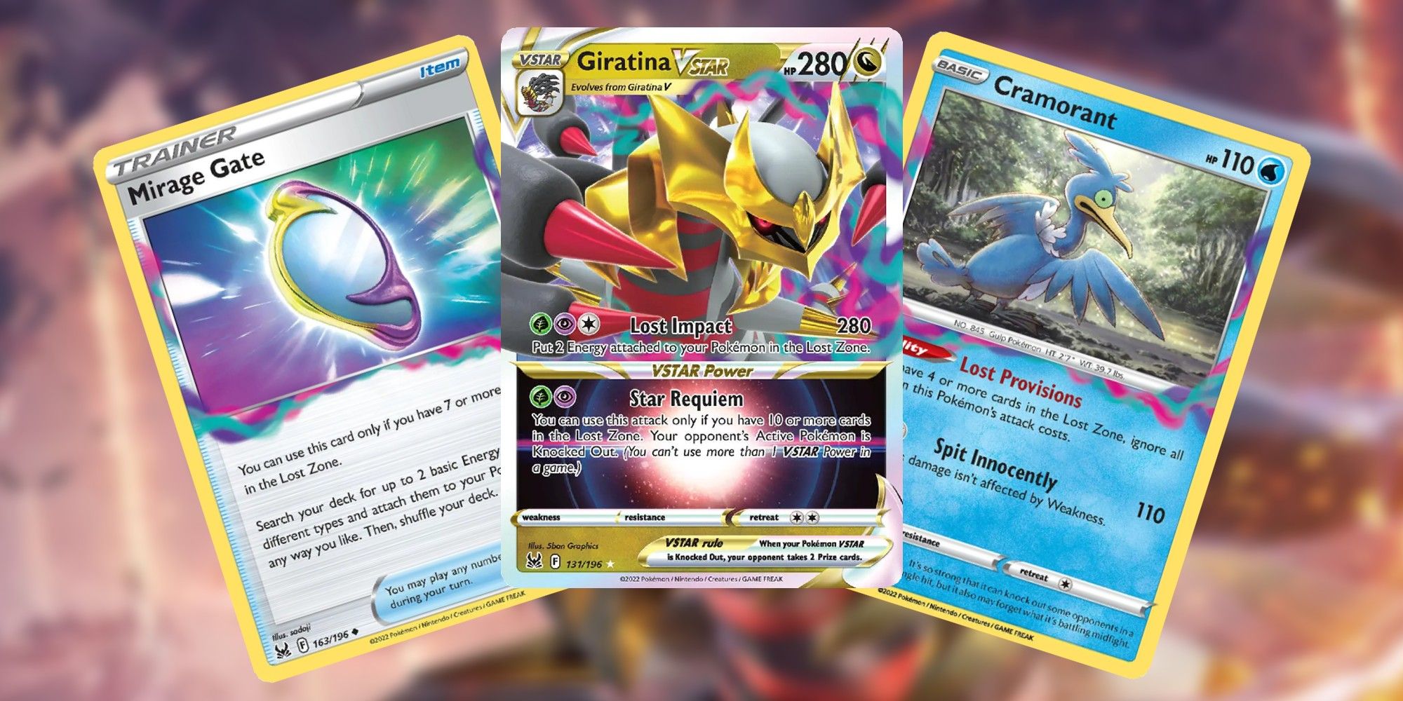 Imagen destacada de Lost Origin Overpowered Cards, con Mirage Gate, Cramorant y Giratina VSTAR