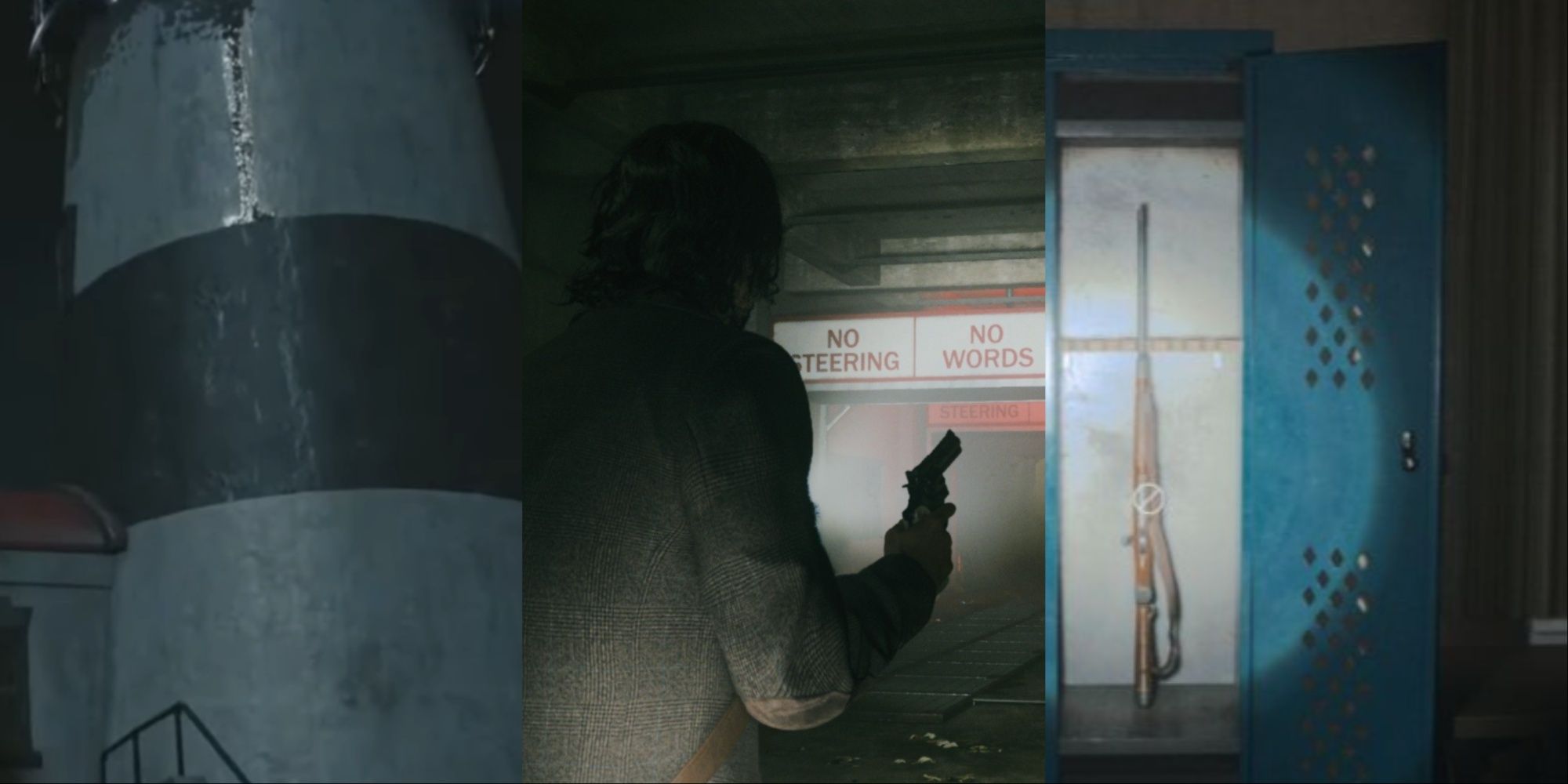 Collage de tres imágenes del Watery Lighhouse de cerca en la noche, Alan con su linterna y pistola dentro del Car Wash, y la linterna de Saga brillando sobre el rifle de caza en el casillero azul.