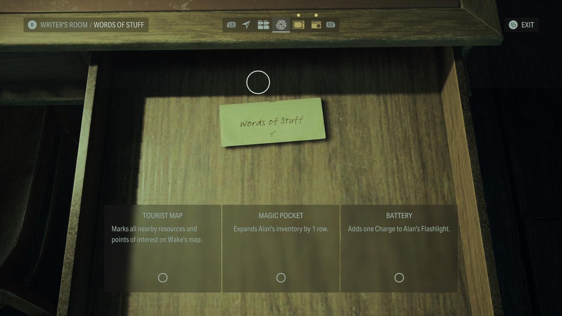 La actualización de Word of Stuff se muestra en la sala de escritores de Alan Wake con tres opciones de actualización disponibles. 