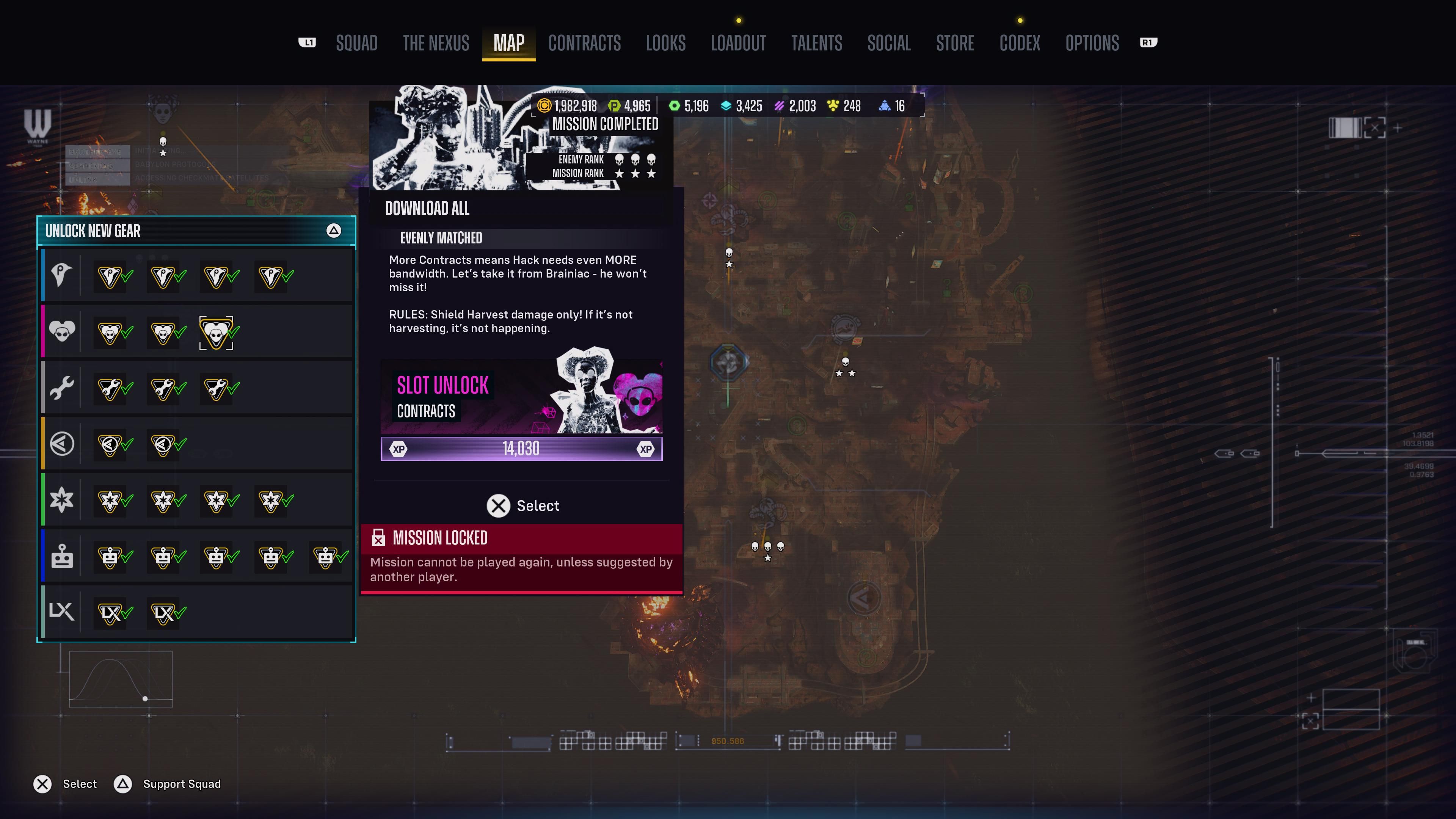 La pantalla del mapa con las misiones del escuadrón de apoyo de Hack resaltadas en Suicide Squad: Kill the Justice League