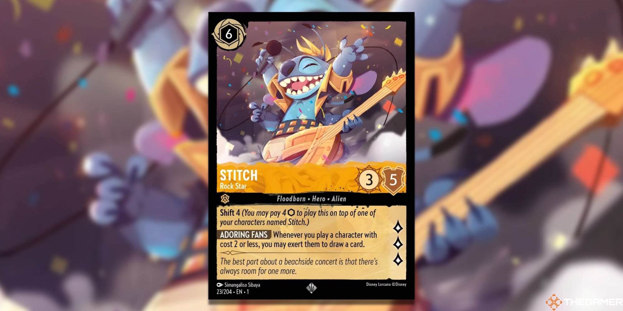 Imagen de la carta de Stitch, Estrella del Rock en Magic: The Gathering, con arte de Simangaliso Sibaya