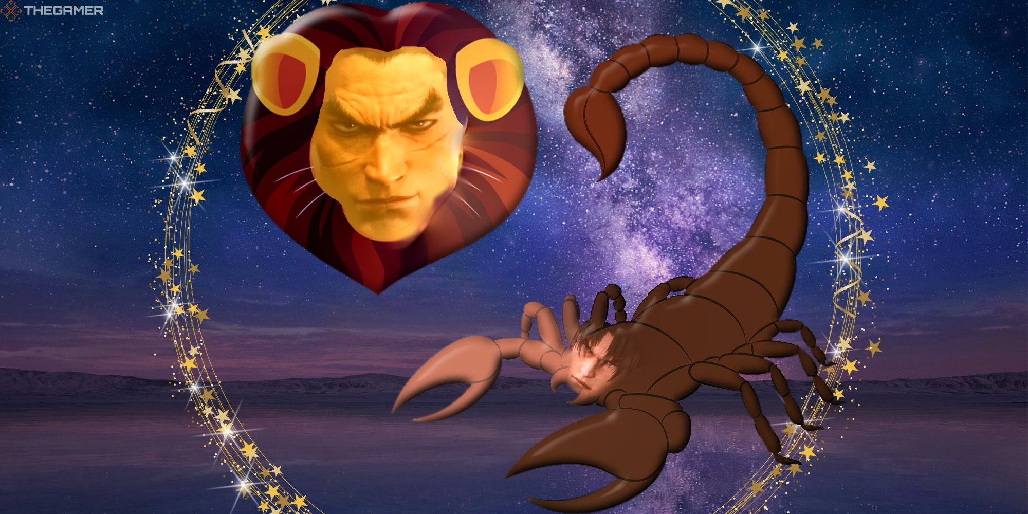 Un león Kazuya y un escorpión Jin flotan dentro de un círculo de estrellas con el telón de fondo de Infinite Azure de Tekken 7.