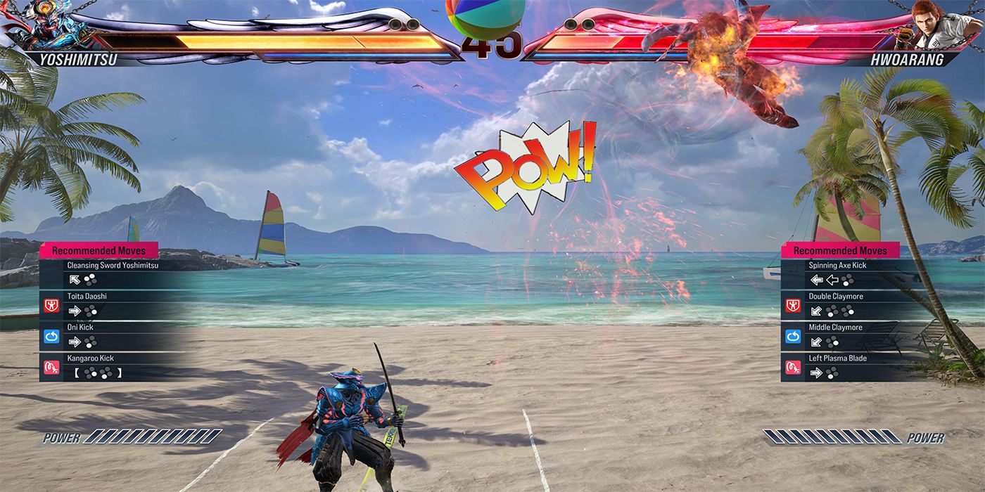 Yoshimitsu golpea a Hwoarang con un poderoso Devilish Hit durante un juego de Tekken Ball en la playa en Tekken 8.