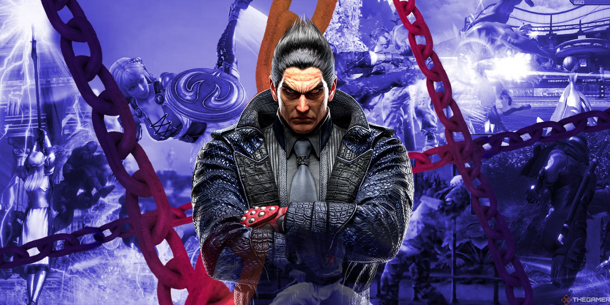 Kazuya Mishima se enfrenta a un collage de juegos de lucha atrapados detrás de cadenas.