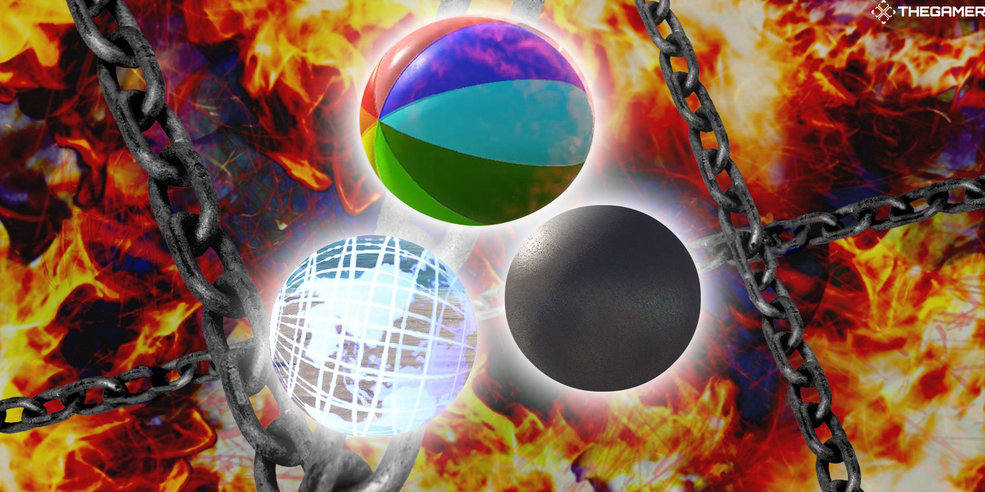 Tres Tekken Balls brillantes flotan contra una pared de llamas y cadenas.