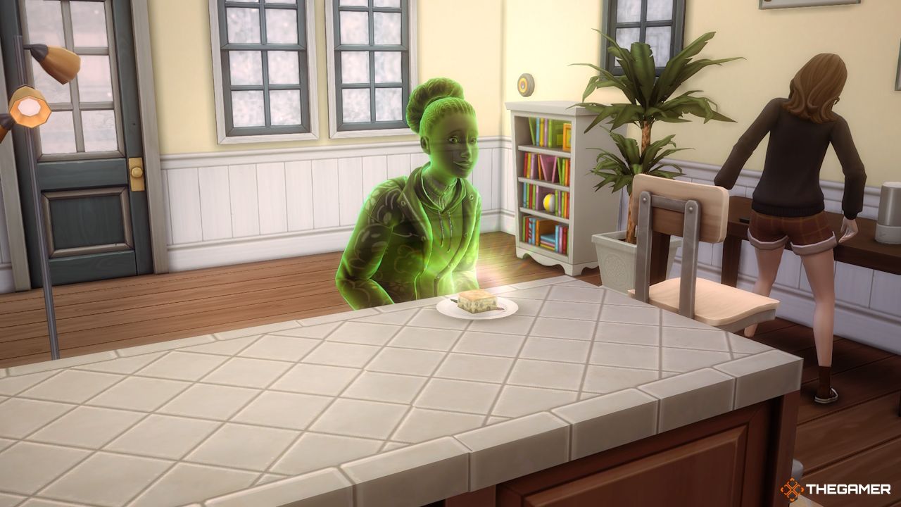 Un Sim fantasma con el plato de Ambrosía en Sims 4