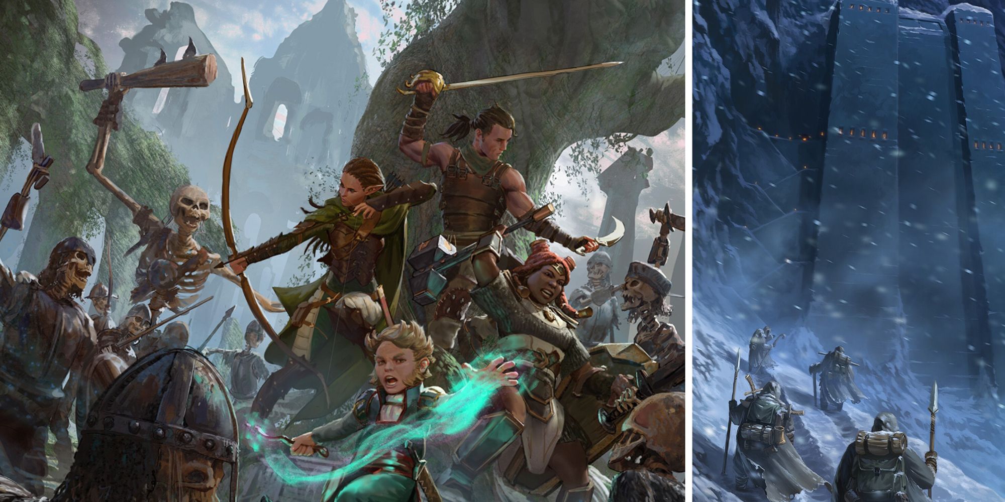 A la izquierda, un grupo de cuatro miembros de D&D luchando contra un grupo de muertos vivientes.  A la derecha, un grupo de cuatro miembros de D&D viajando a través de una tormenta de nieve.