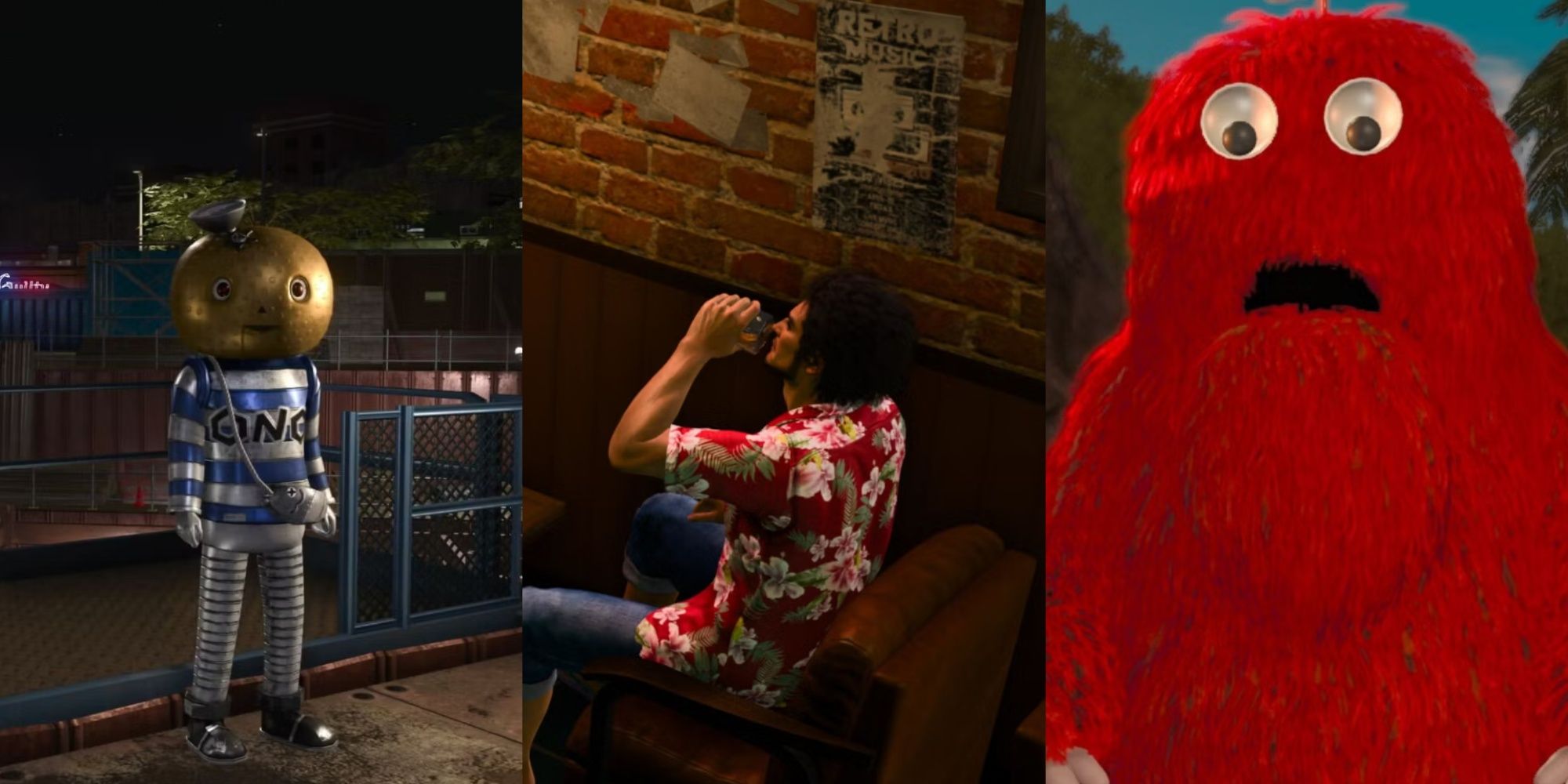 Un collage que muestra a Robo Michio parado en algún lugar, Ichiban tomando una copa y el mascto rojo de la isla Dondoko.