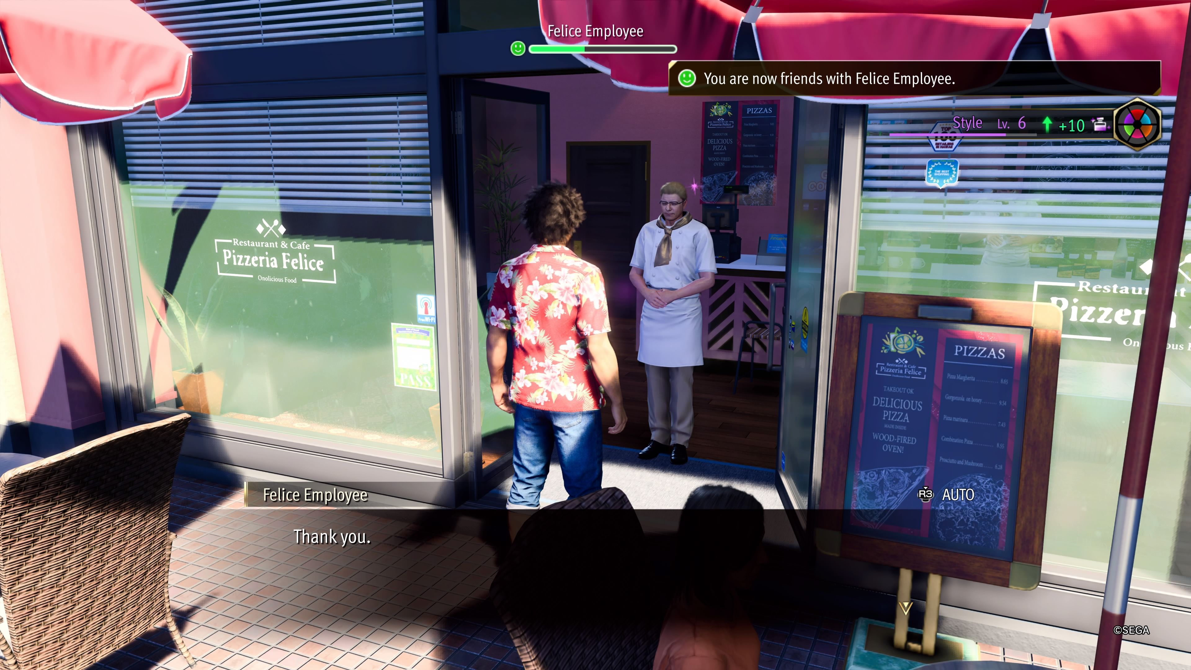 Kasuga se hace amigo de un empleado de Pizzaria Felice en Makani Ave. en Like A Dragon: Infinite Wealth.