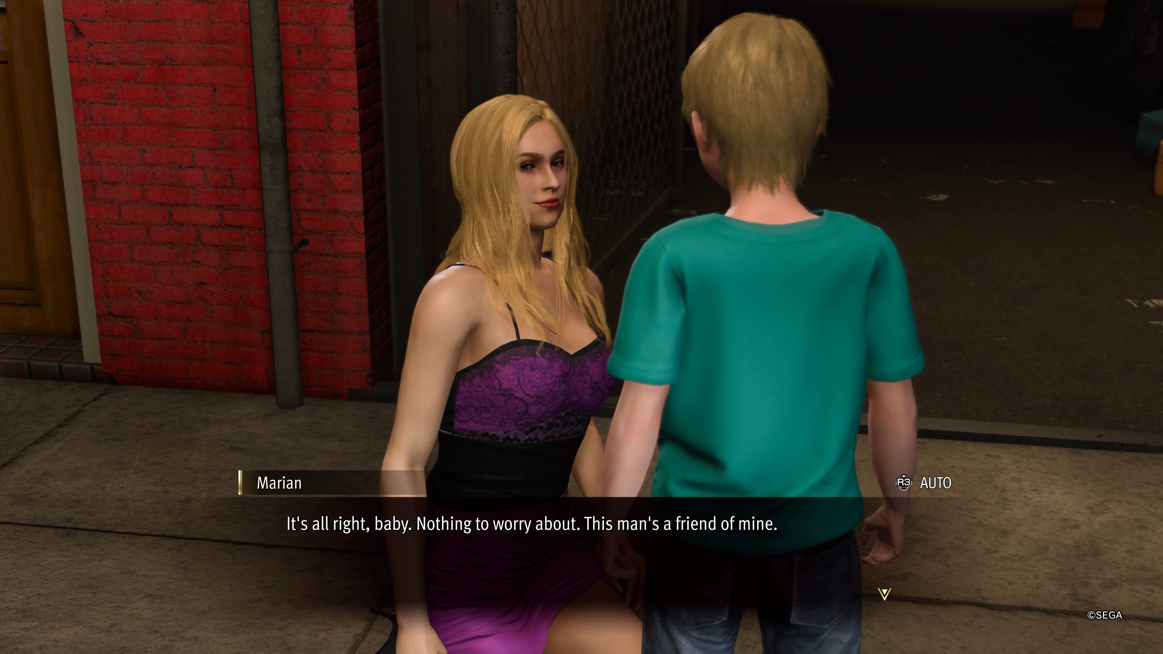 Marian arrodillada en la acera y hablando con su hijo Kyle en Like A Dragon: Infinite Wealth.