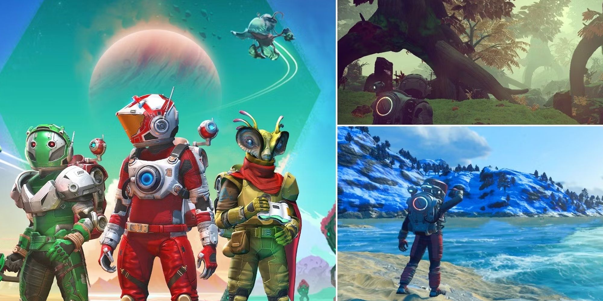 Una imagen dividida que muestra escenas de No Man's Sky