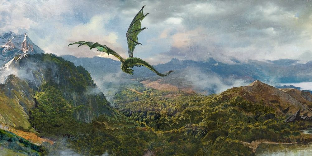 dragón verde vuela sobre el paisaje