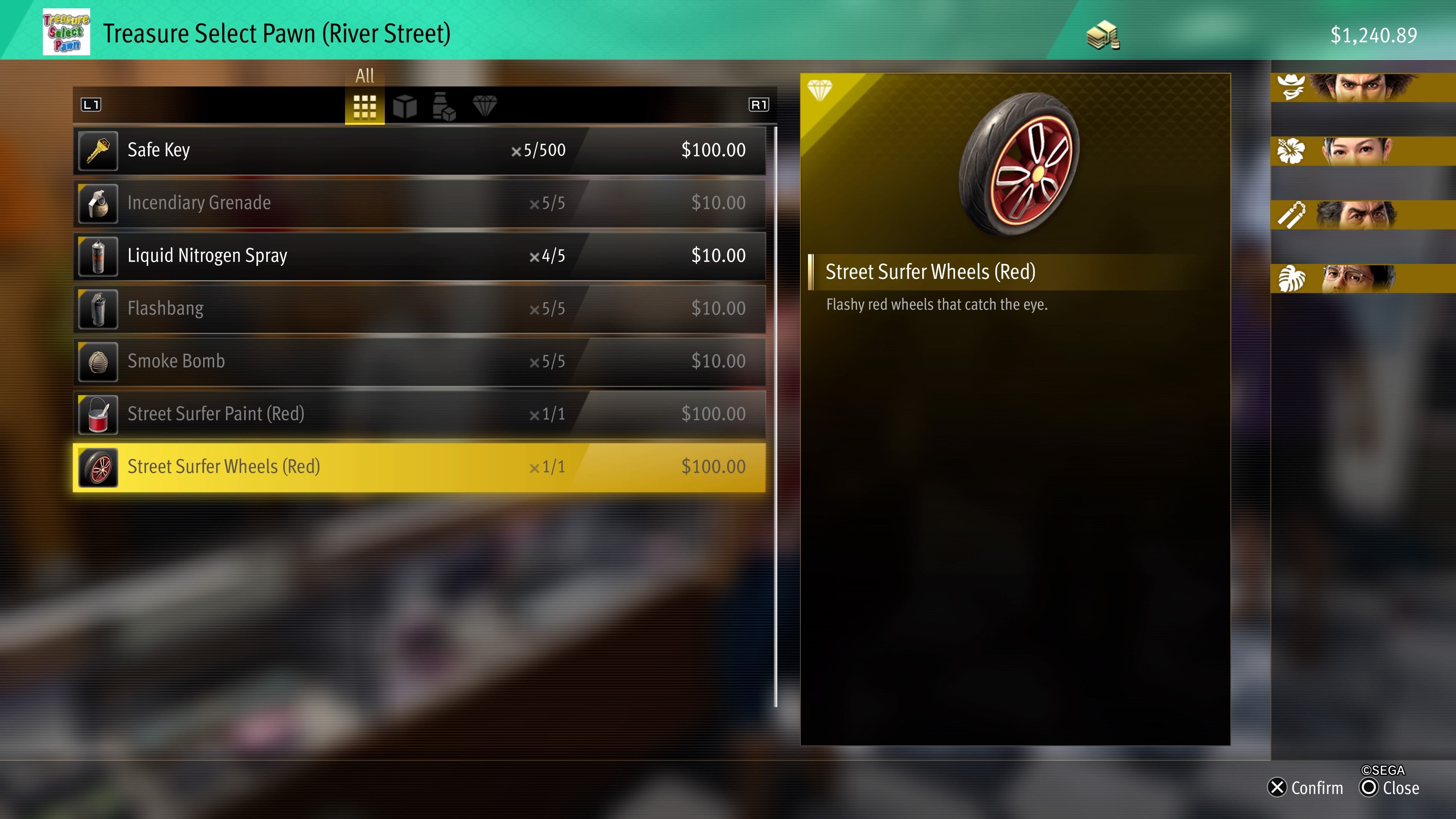 Kasuga en la interfaz de usuario de compras de Treasure Select Pawn River St. y comprando Red Wheels en Like A Dragon: Infinite Wealth.