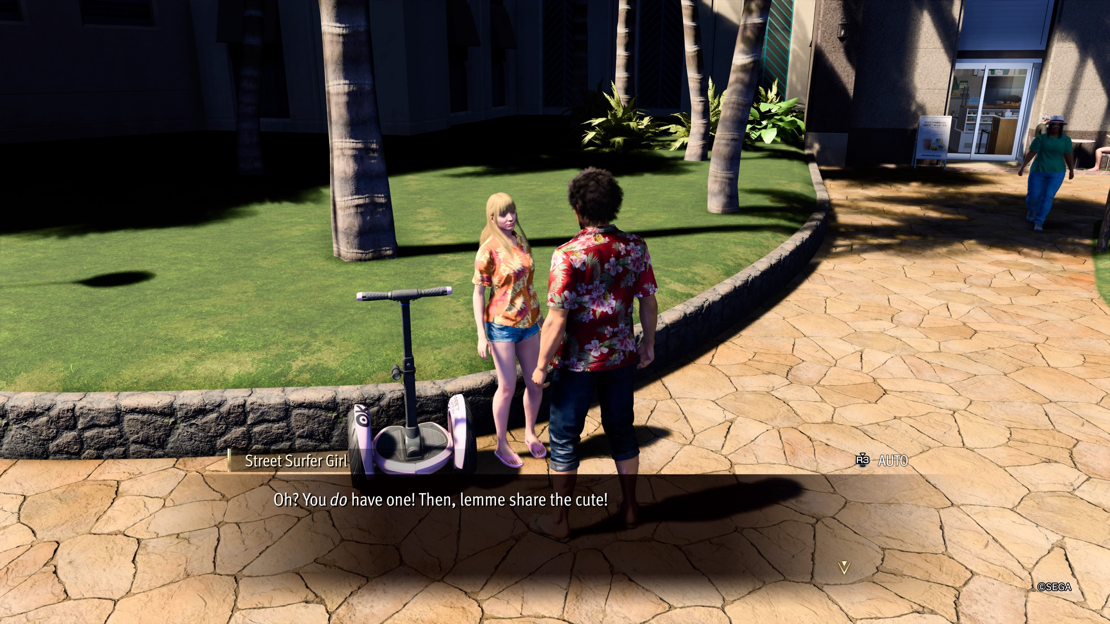 Kasuga hablando con una mujer con un Street Surfer rosa claro en Crystal Aloha Resort en Like A Dragon: Infinite Wealth.