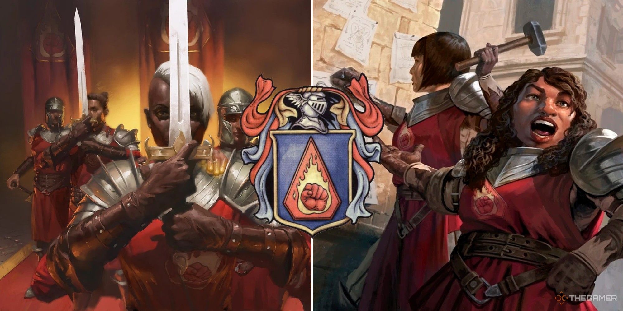 Collage de Dungeons & Dragons que muestra diferentes miembros del puño en llamas con su logo en la parte superior