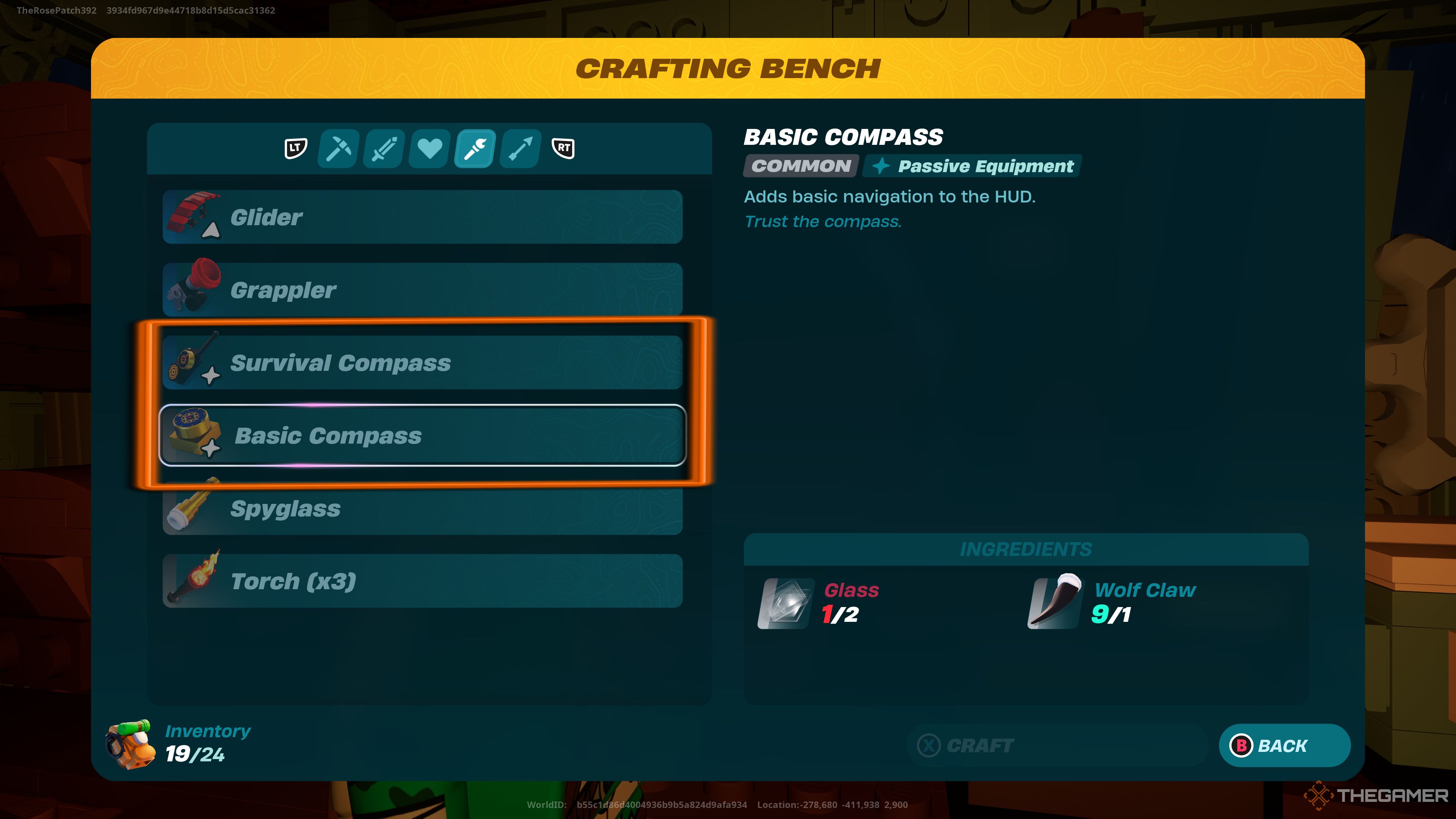 Captura de pantalla que muestra las recetas de Compass en el menú Crafting Bench en Lego Fortnite.