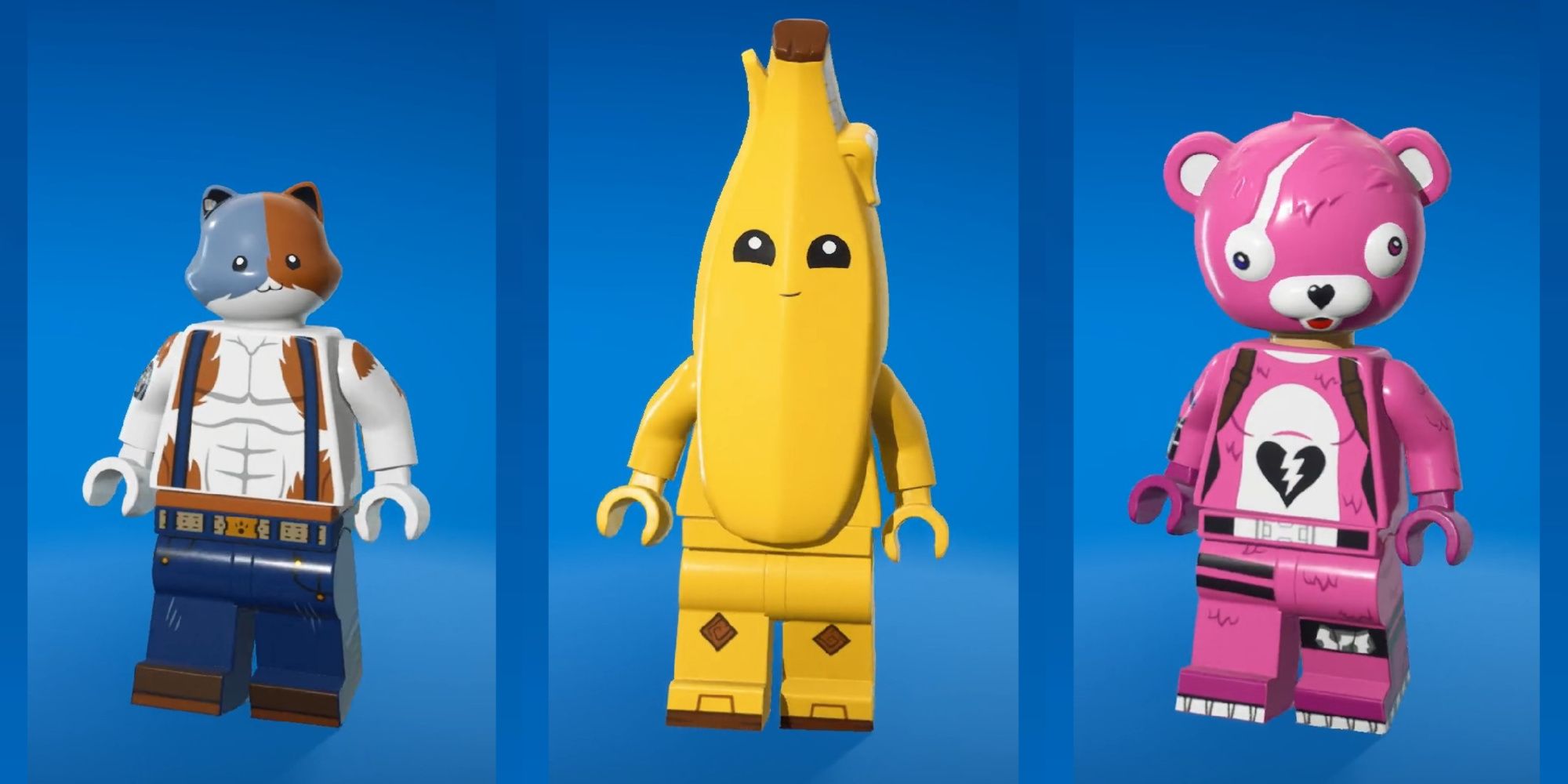 Una imagen de Lego Fortnite de tres máscaras diferentes, llamadas Meowscles, Peely y Cuddle Commander.  Estas tres máscaras muestran solo algunos de los modelos de máscaras de Lego personalizados en el juego.