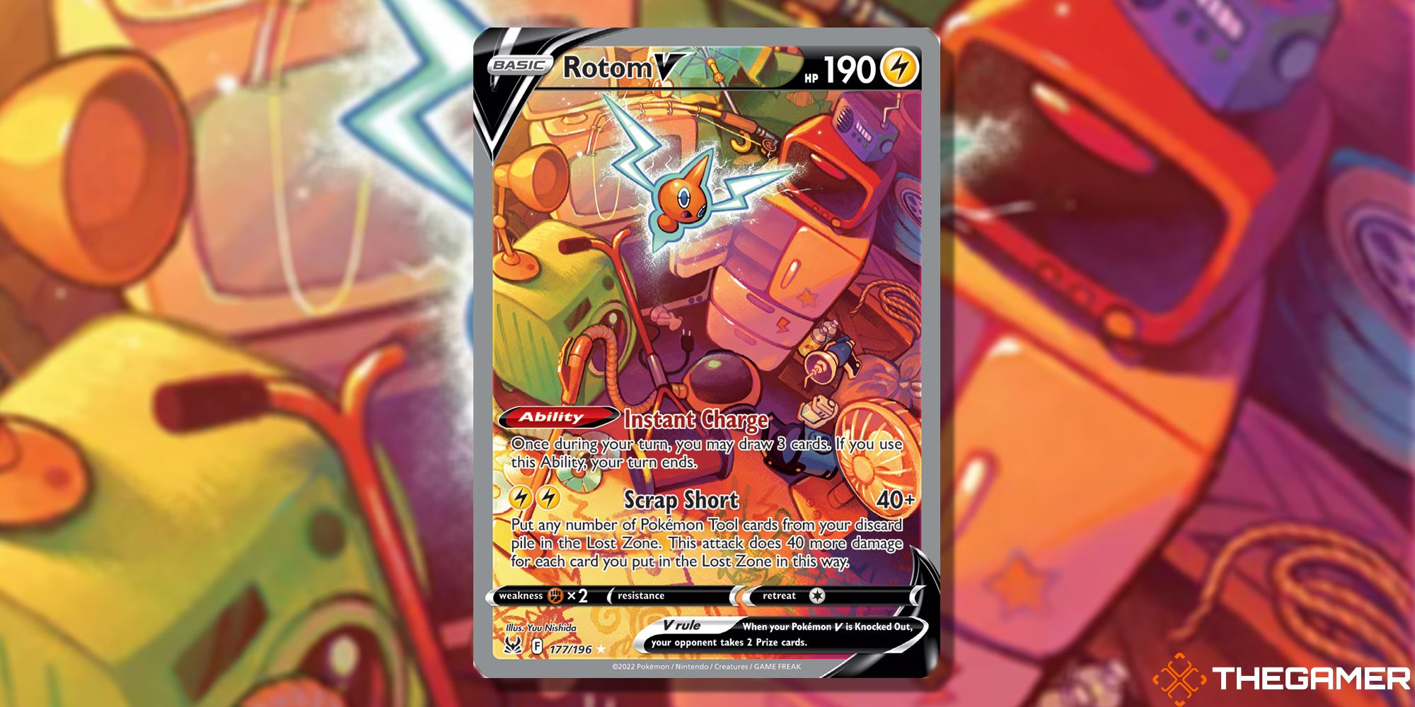 Imagen de la carta Rotom V en Pokémon TCG, con arte de Yuu Nishido