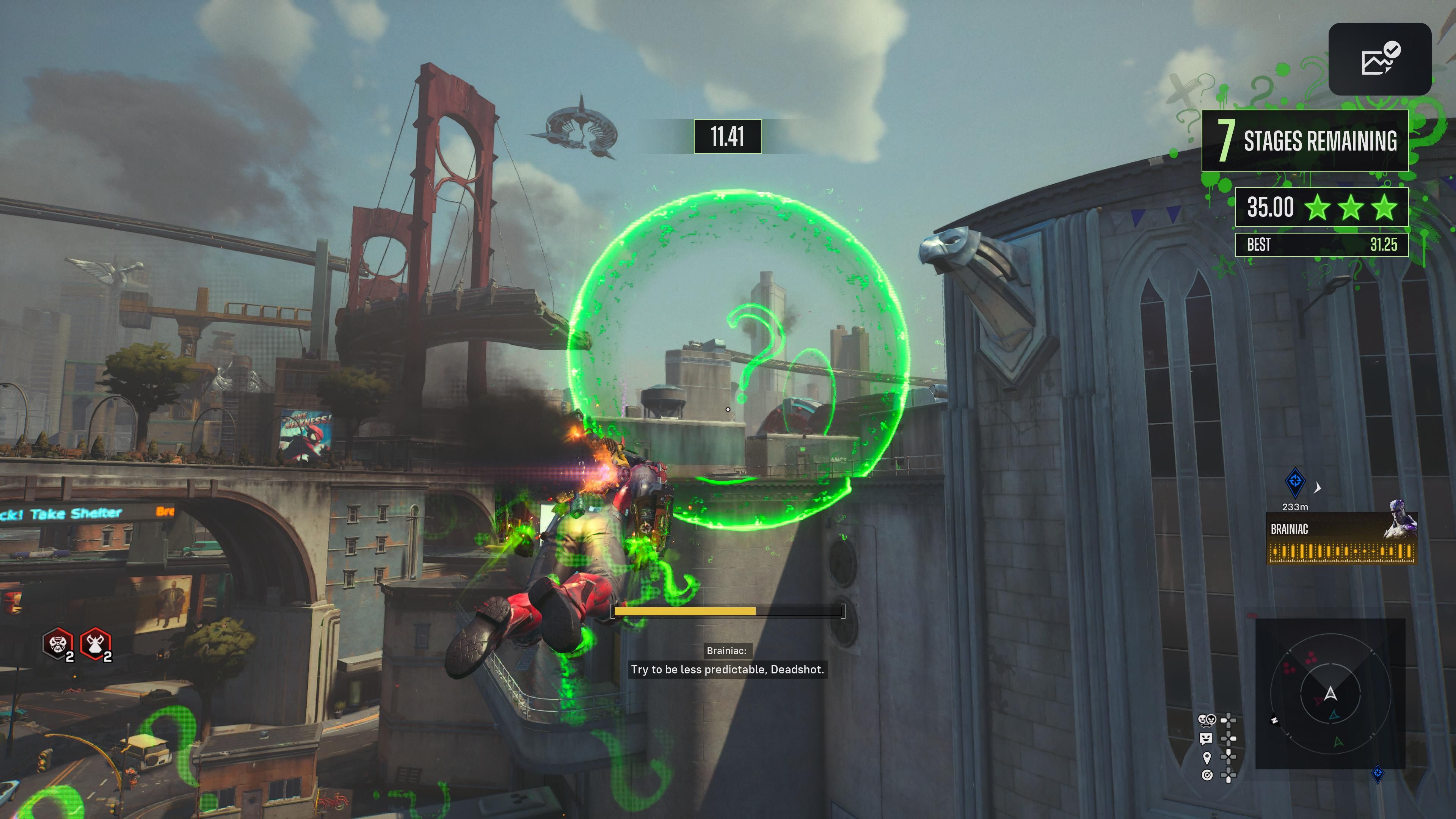 Deadshot volando hacia el objetivo de una misión de Riddler AR en Suicide Squad: Kill the Justice League