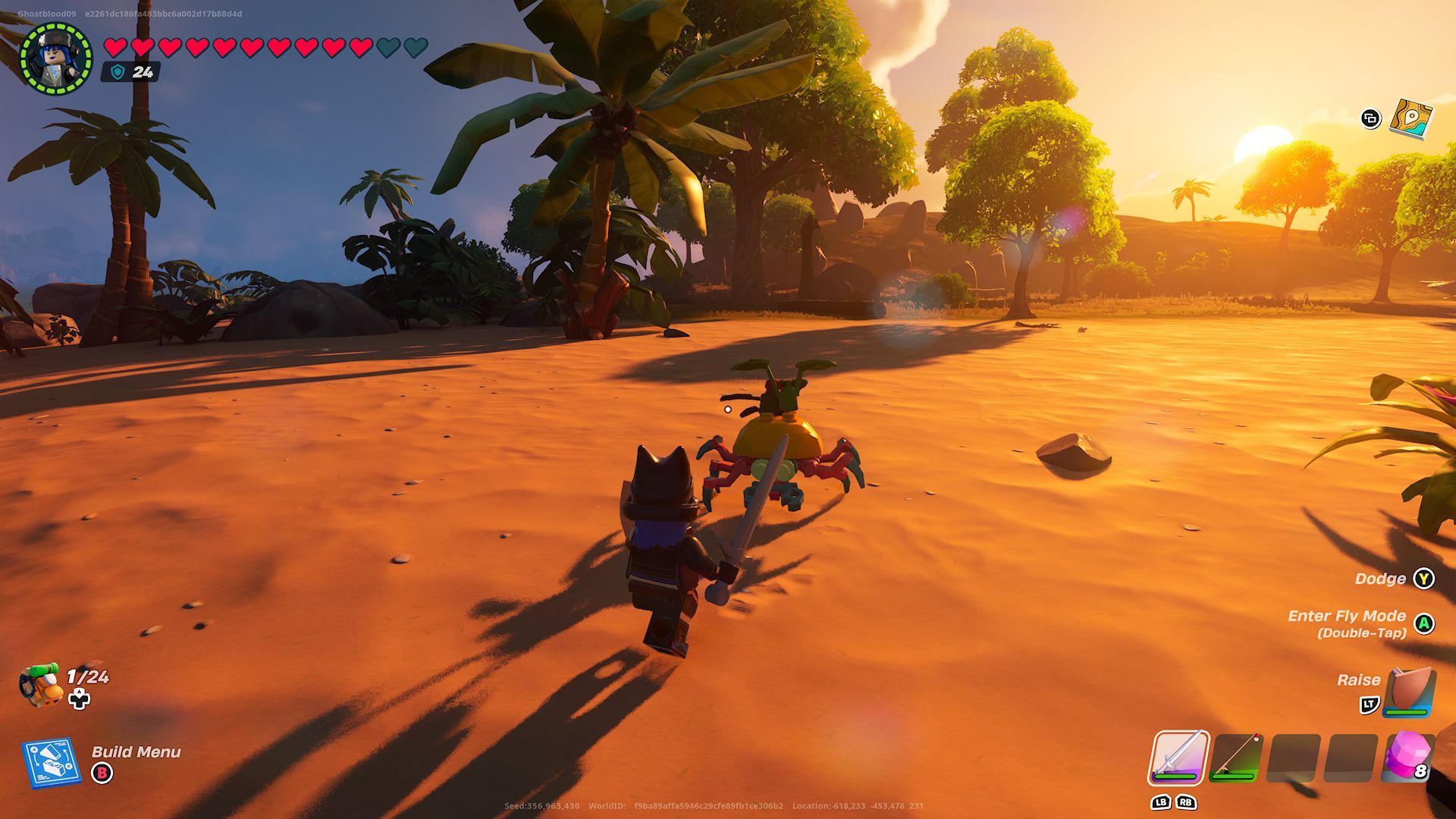Un jugador luchando contra un Sand Roller en la costa de una isla en Lego Fortnite.