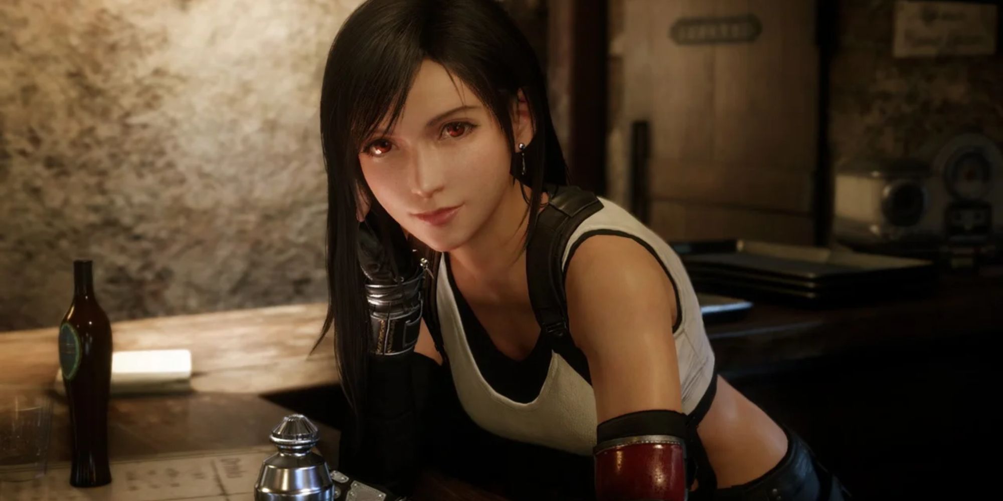 Tifa Lockhart apoyada en la barra en FF7 Remake