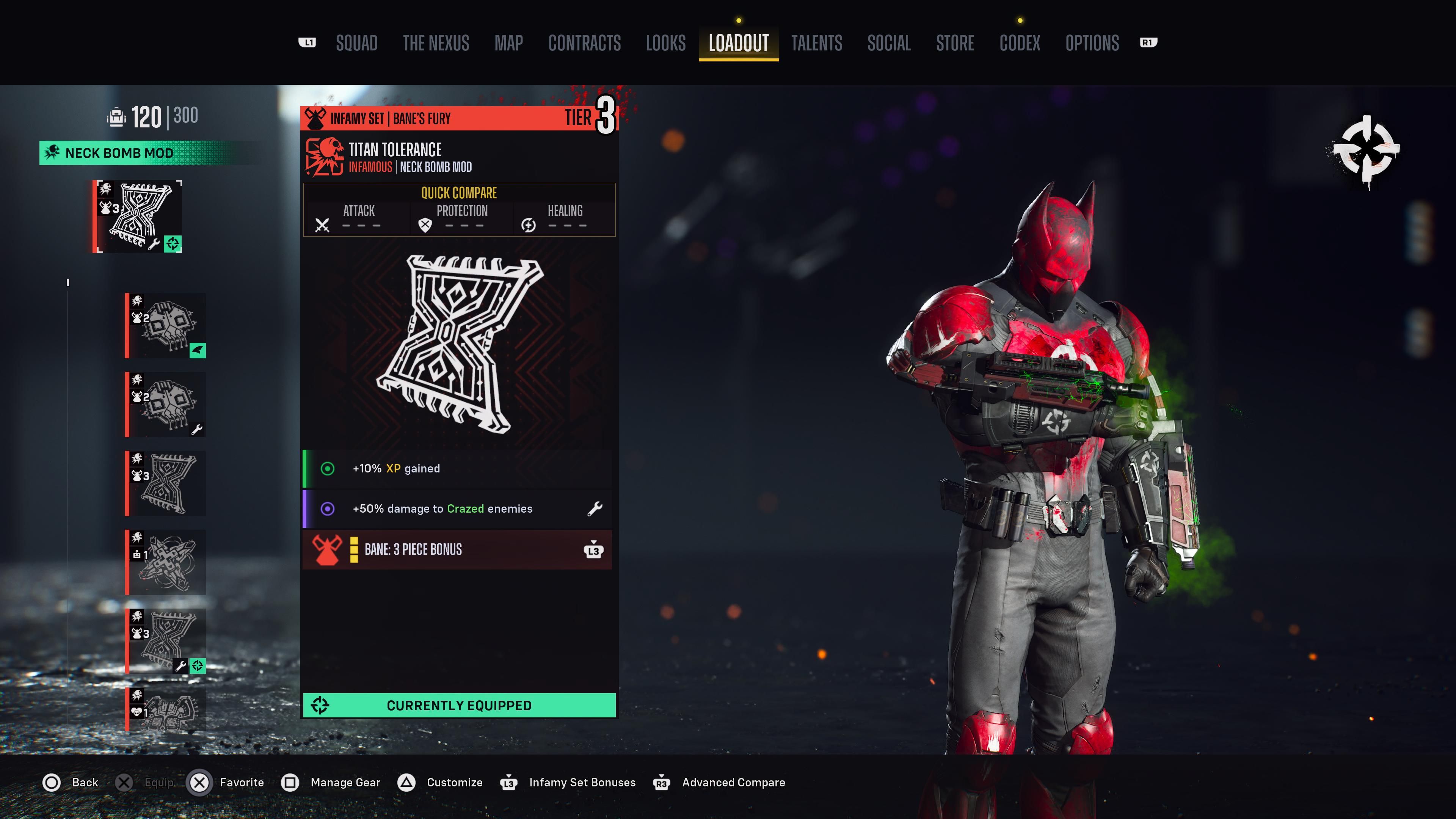 Mod de bomba de cuello Titan Tolerance en el menú de equipamiento de Suicide Squad: Kill the Justice League.