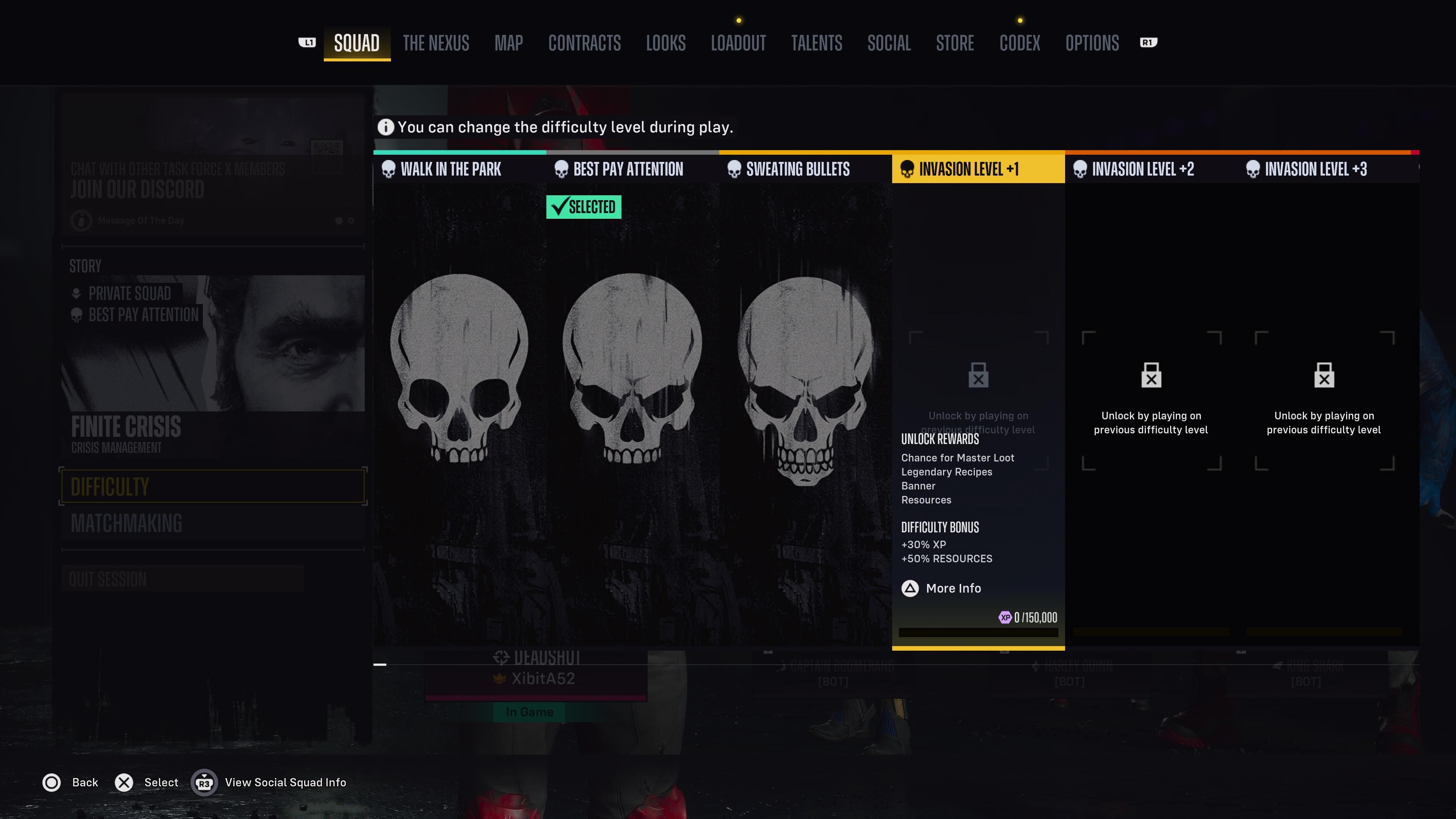 El menú de configuración de dificultad en Suicide Squad: Kill the Justice League.