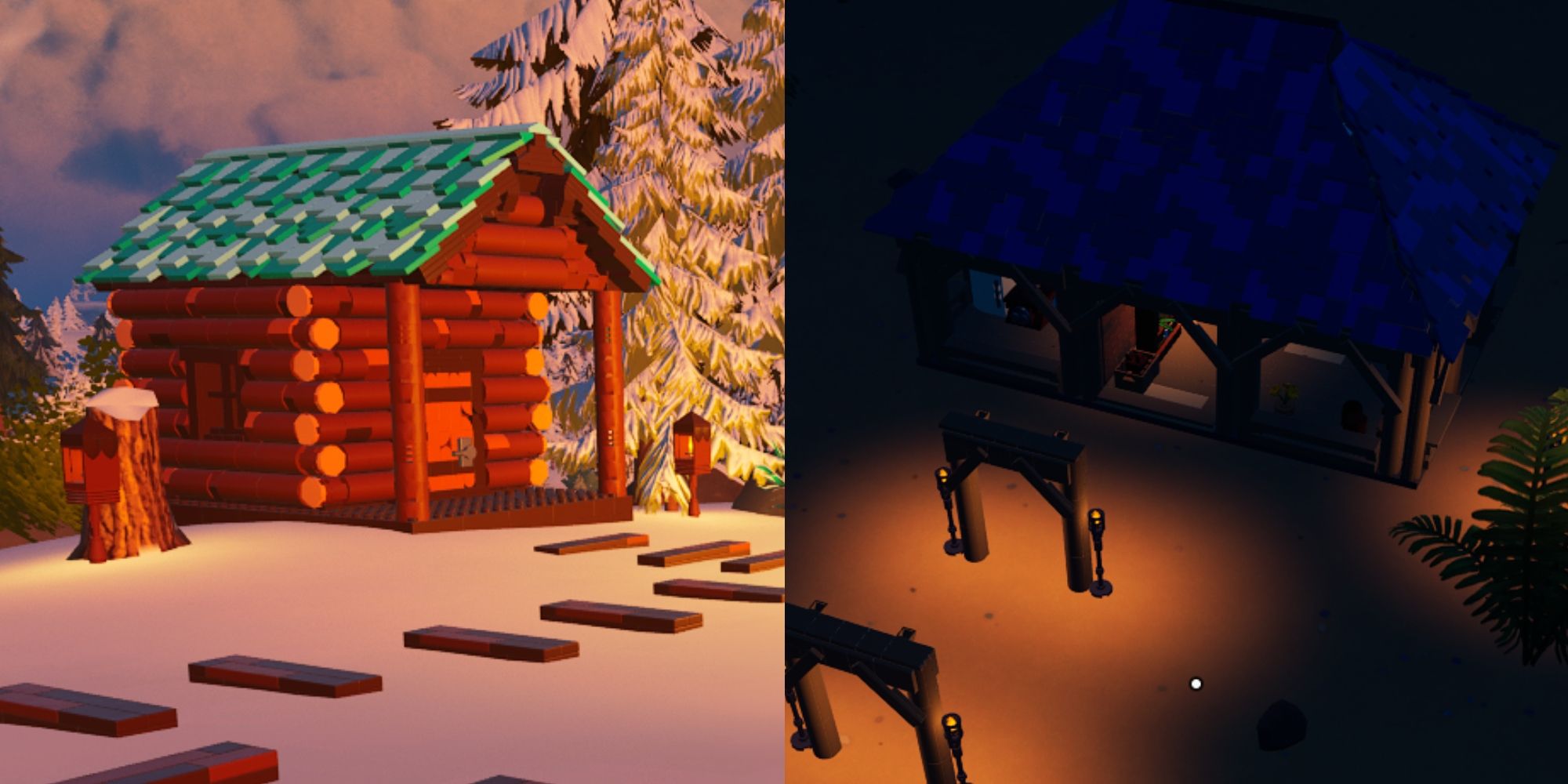 Cabaña de madera de Lego Fortnite en tierras heladas y pabellón por la noche