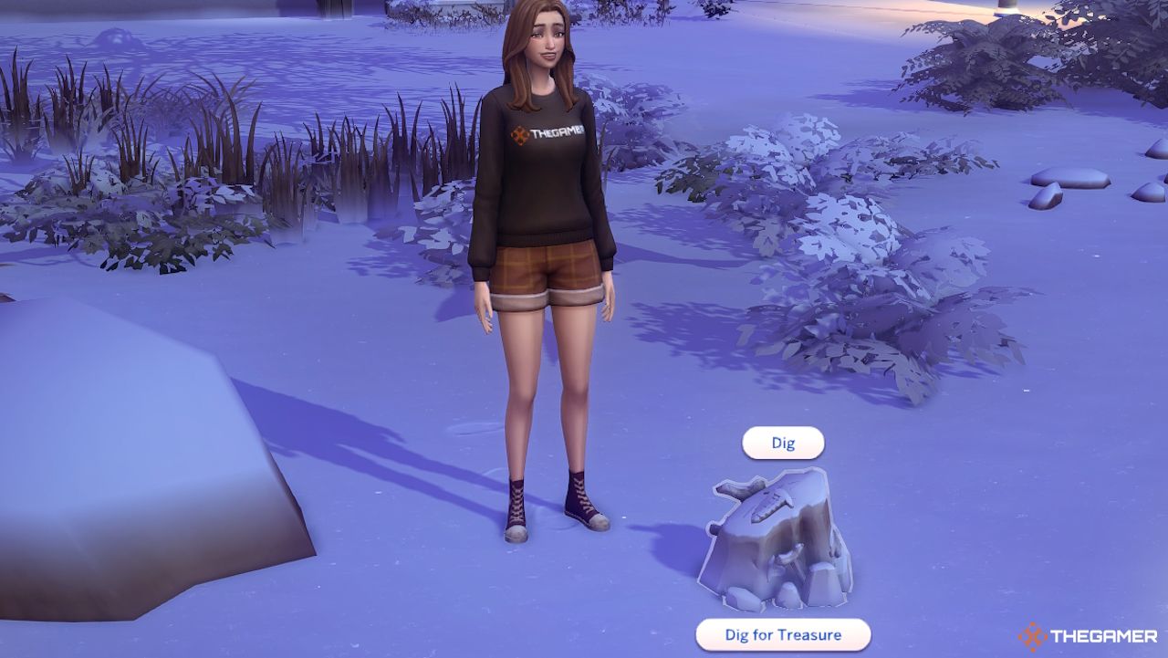 Un Sim es capaz de cavar una piedra en la nieve en Sims 4