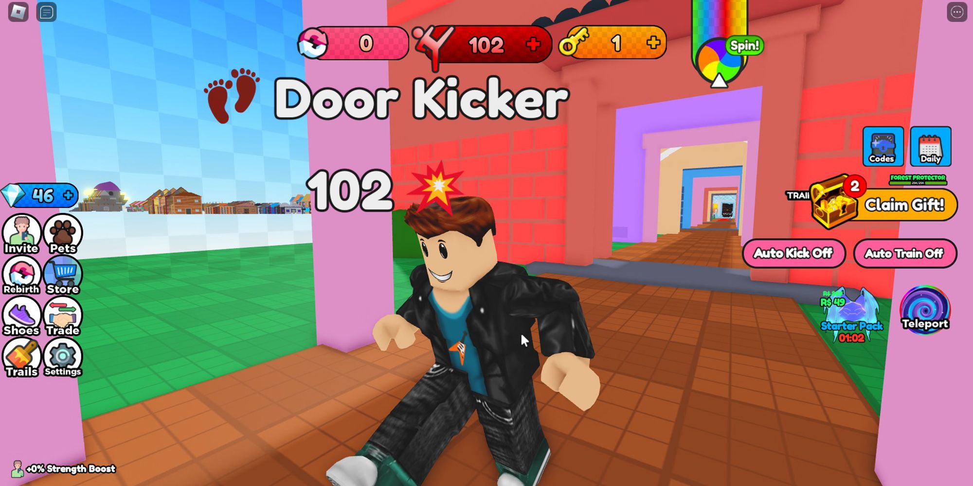Un personaje de Roblox derriba una serie de puertas en el juego Kick Door Simulator de Roblox.