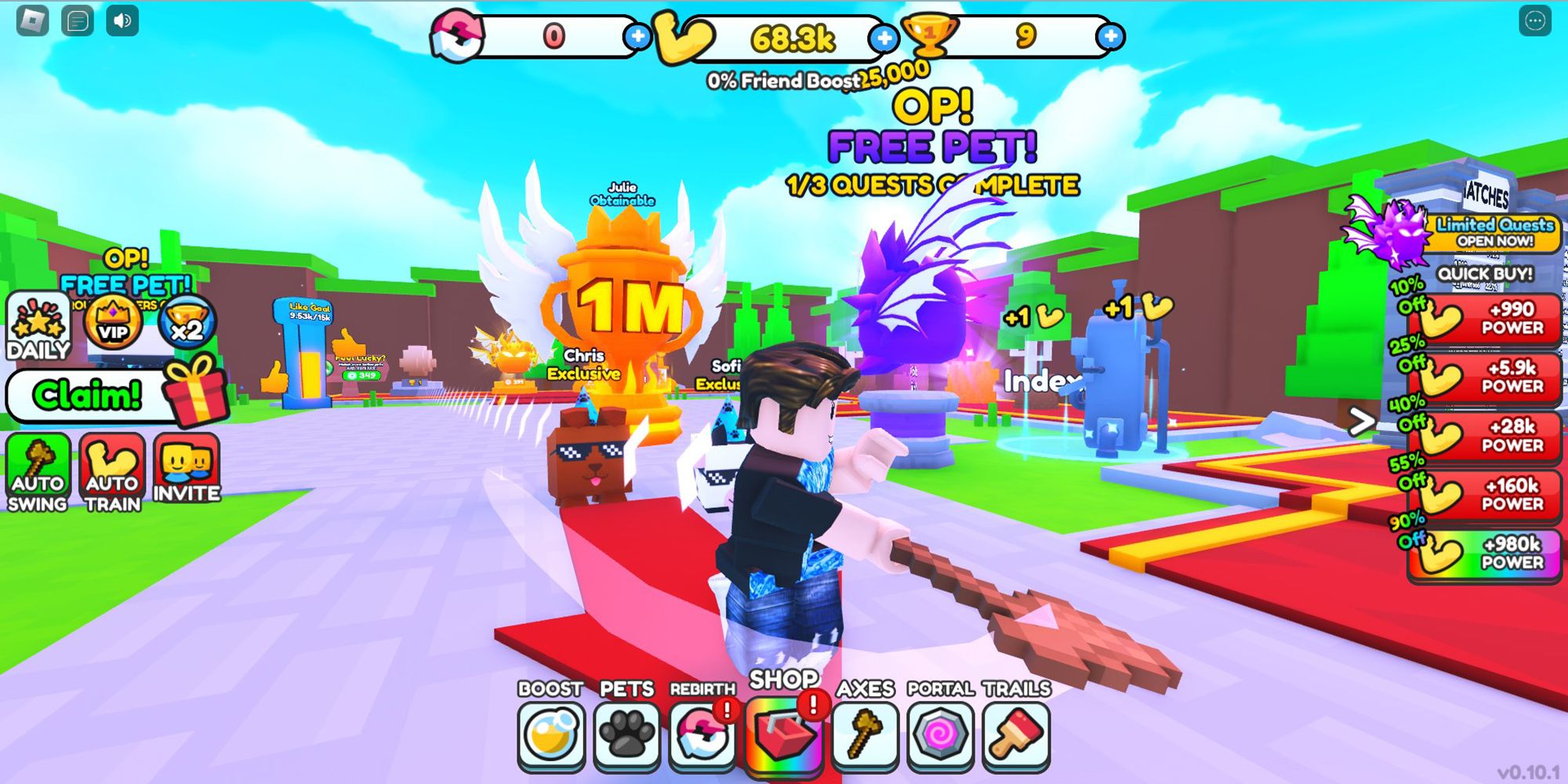 Un campeón con hacha sale adelante en el juego de Roblox, Tree Chop Simulator.