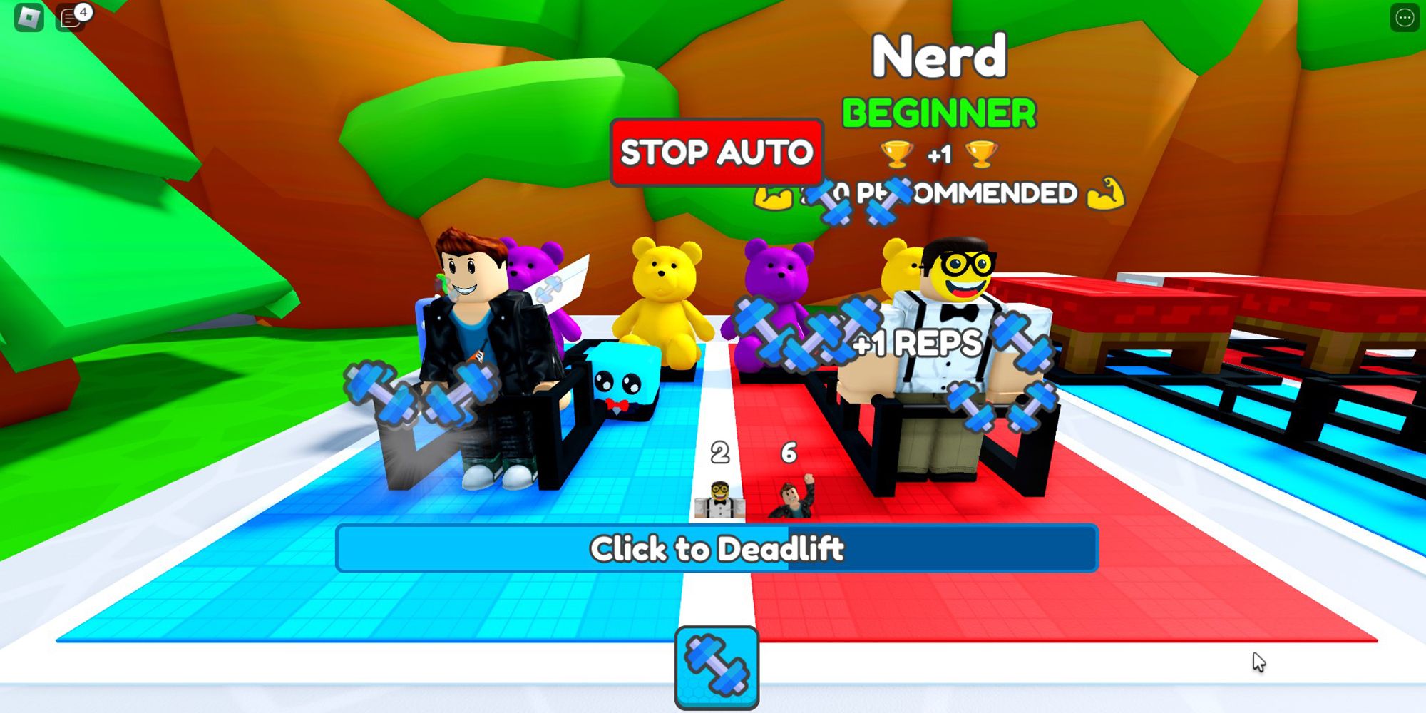 Un personaje de Roblox supera a un nerd en una competencia de fuerza en Deadlift Simulator.