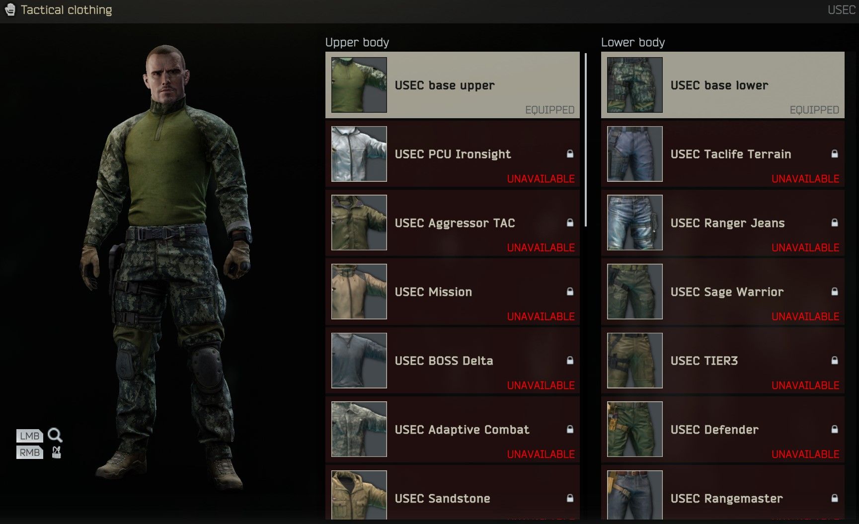 Pantalla de ropa de Tarkov