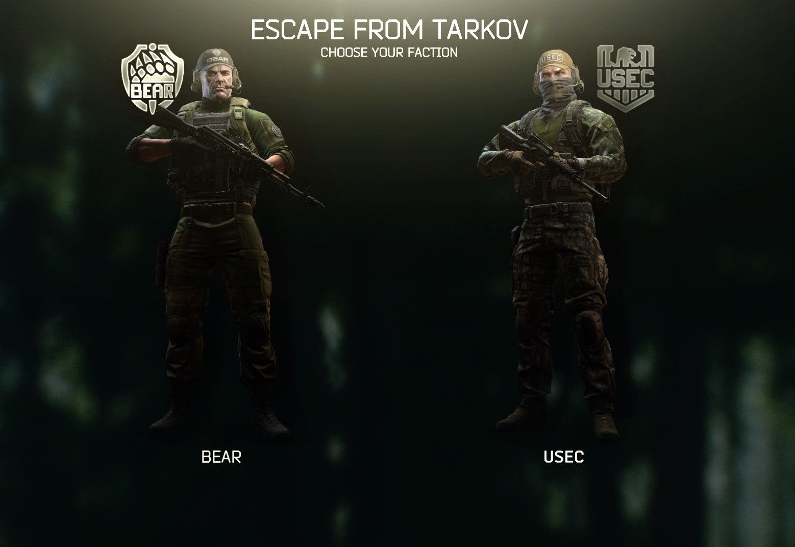 Pantalla de elección de facción con Bear y USEC-1