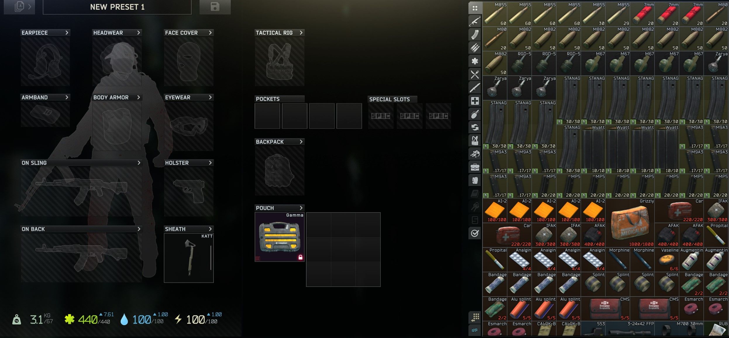 Pantalla de inventario de Tarkov