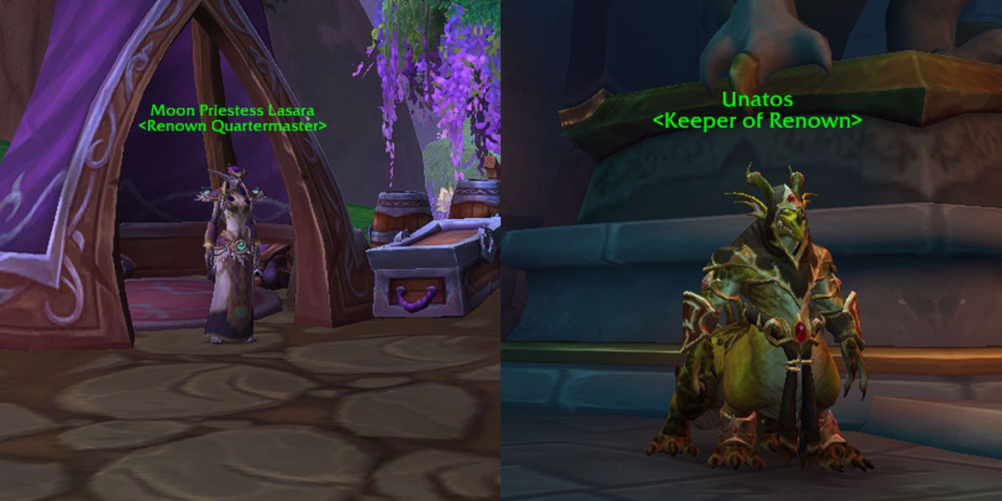 Un elfo de la noche y un intendente dracónida en World of Warcraft