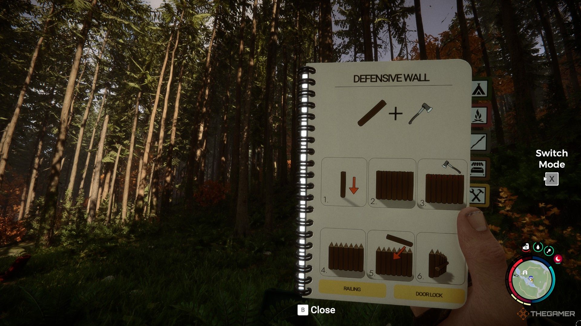 Una captura de pantalla de Sons of the Forest muestra al personaje del jugador con el manual de construcción abierto, mostrando una guía paso a paso del Muro Defensivo.  Puedes ver el sol proyectando sombras sobre los árboles justo después del libro.