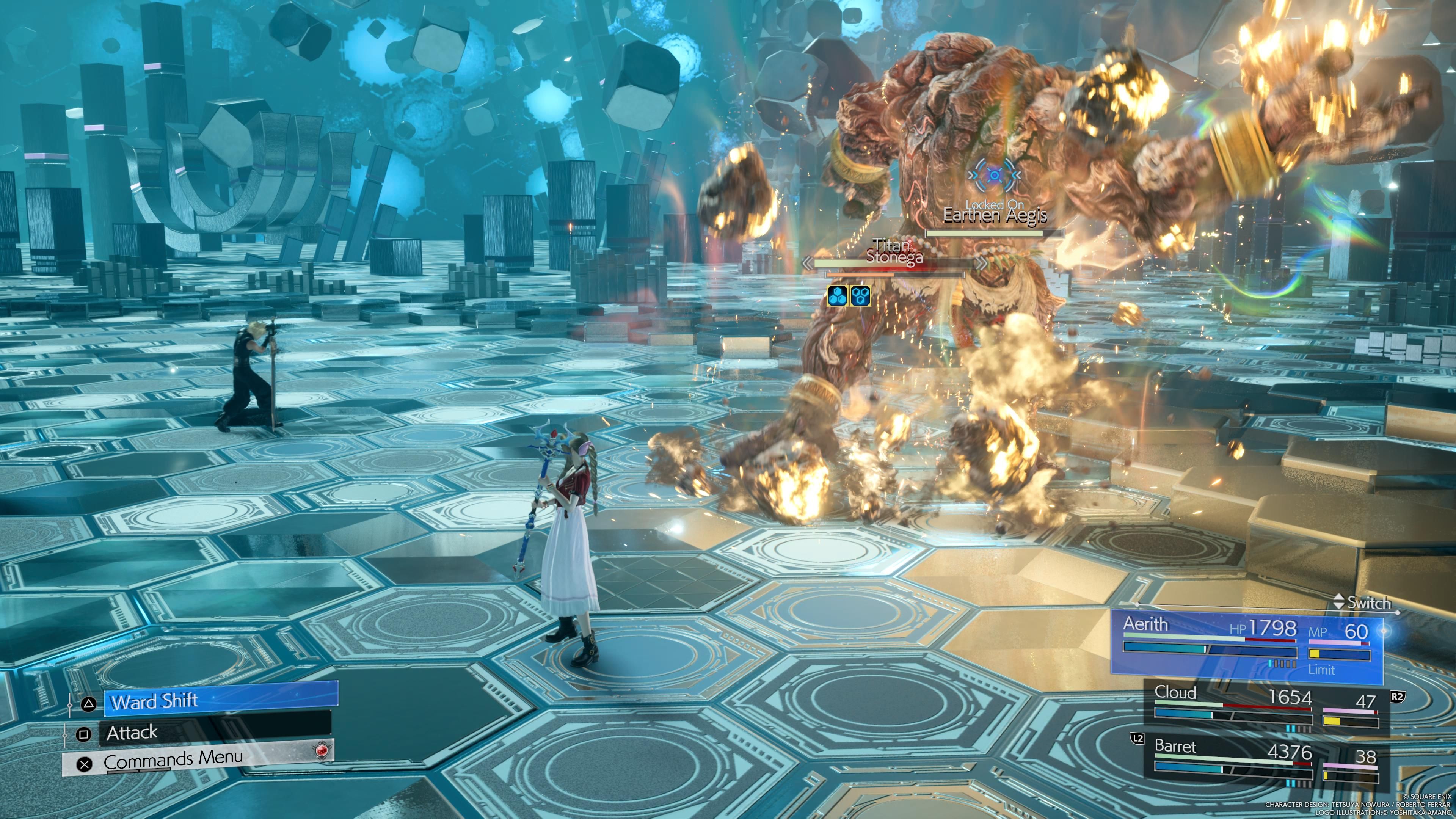 aerith en el simulador de combate pelea con Titán en Final Fantasy 7 Rebirth