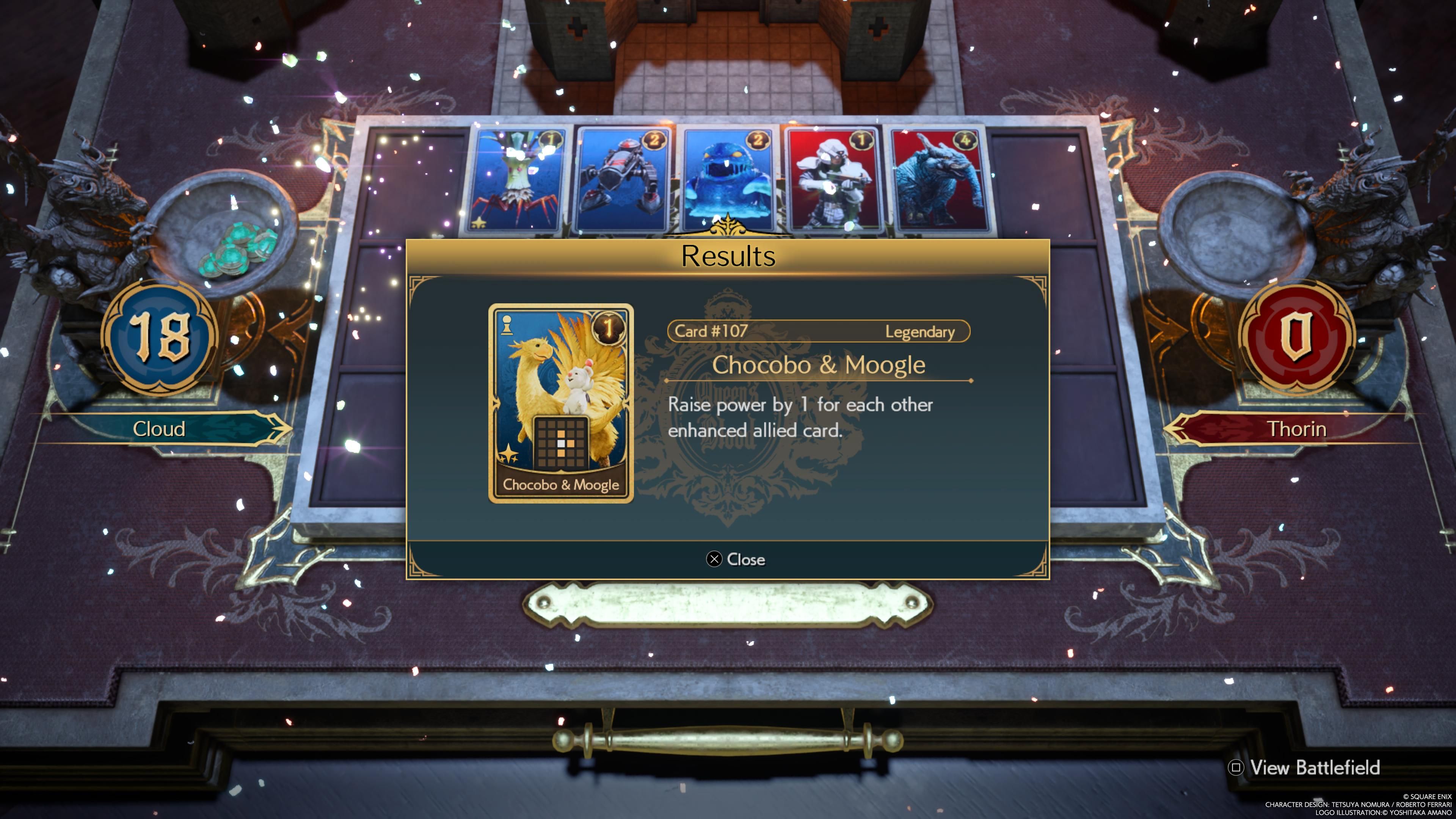 Tarjeta de Chocobo y Moogle como se ve en el tablero de Queen's Blood en FF7 Rebirth