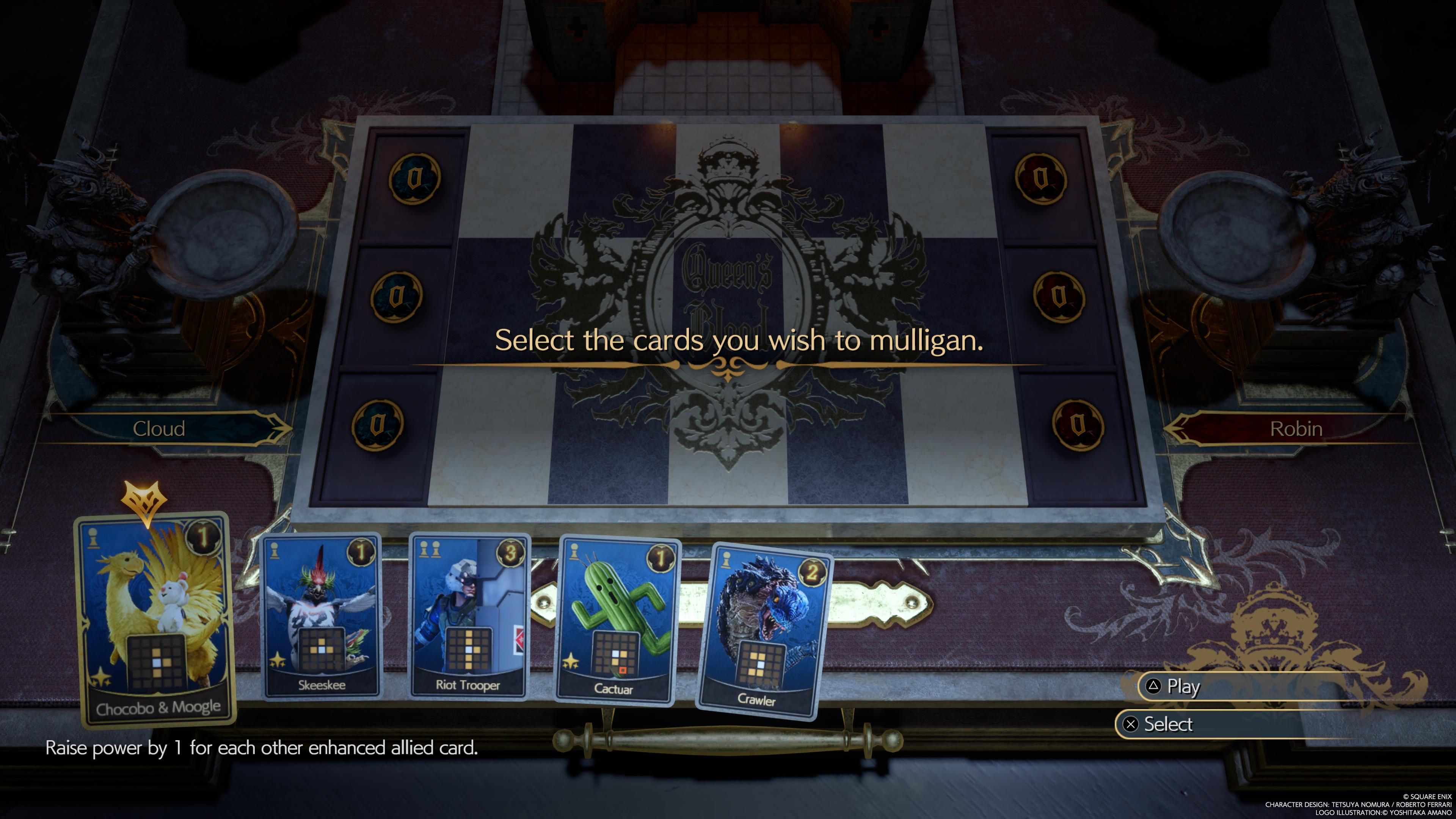 Imagen de Queen's Blood haciendo mulligan en una mano inicial en FF7 Rebirth