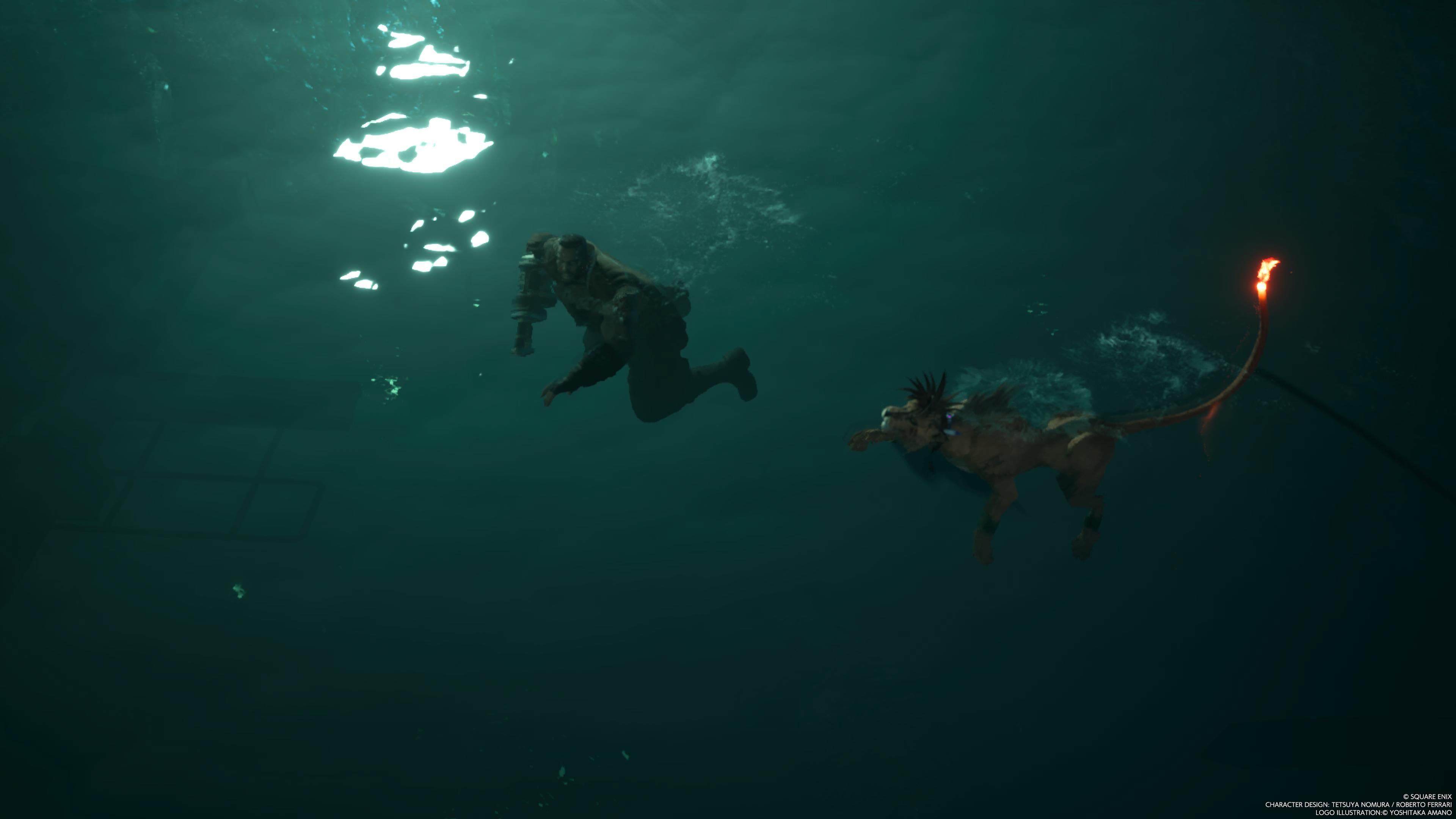 Barret y Red XIII nadan juntos en Mythril Mine de FF7 Rebirth