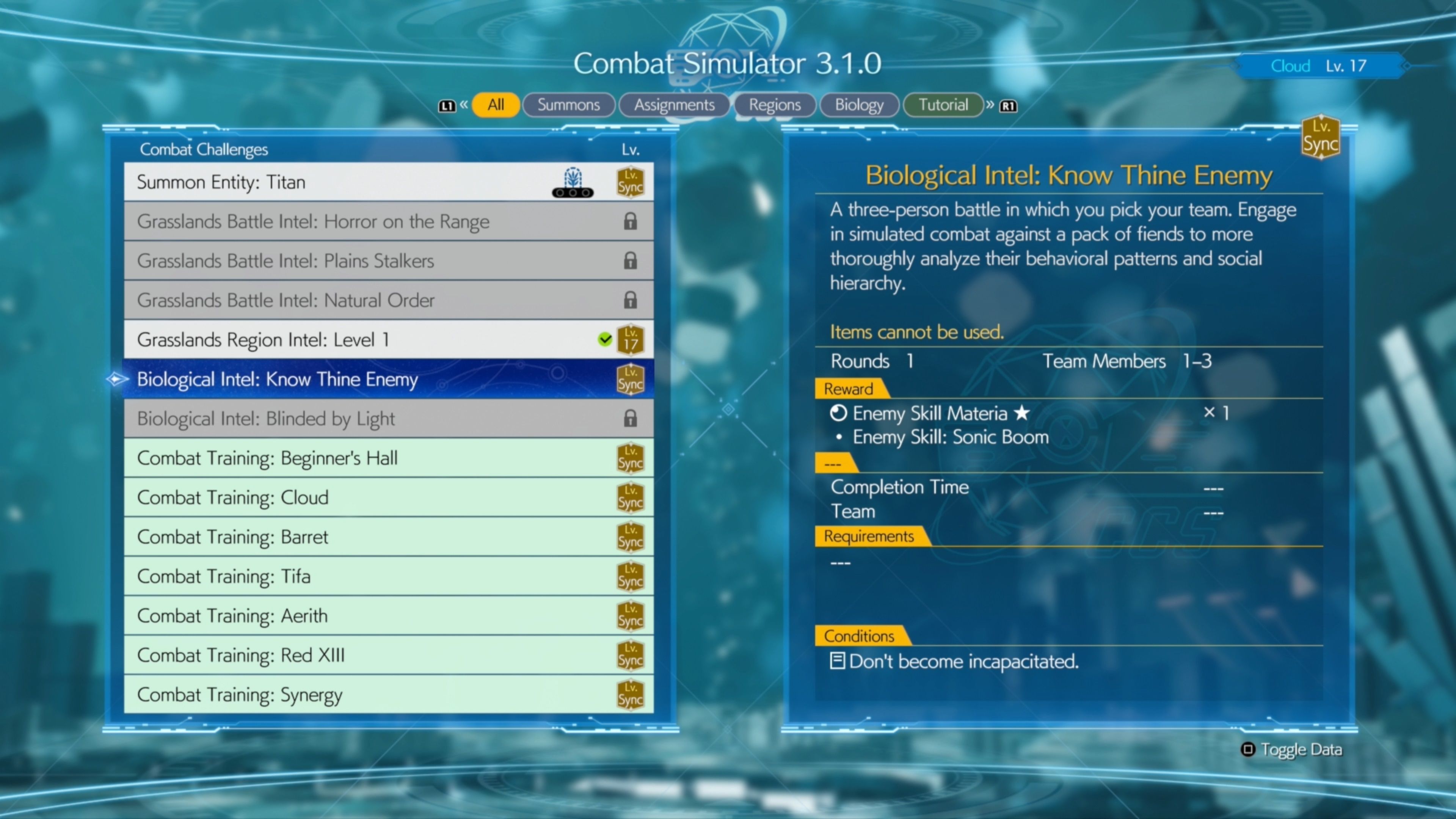 Una imagen que muestra el primer desafío de Intel biológico, Conoce a tu enemigo, que desbloquea la materia de habilidad del enemigo en Final Fantasy 7 Rebirth.