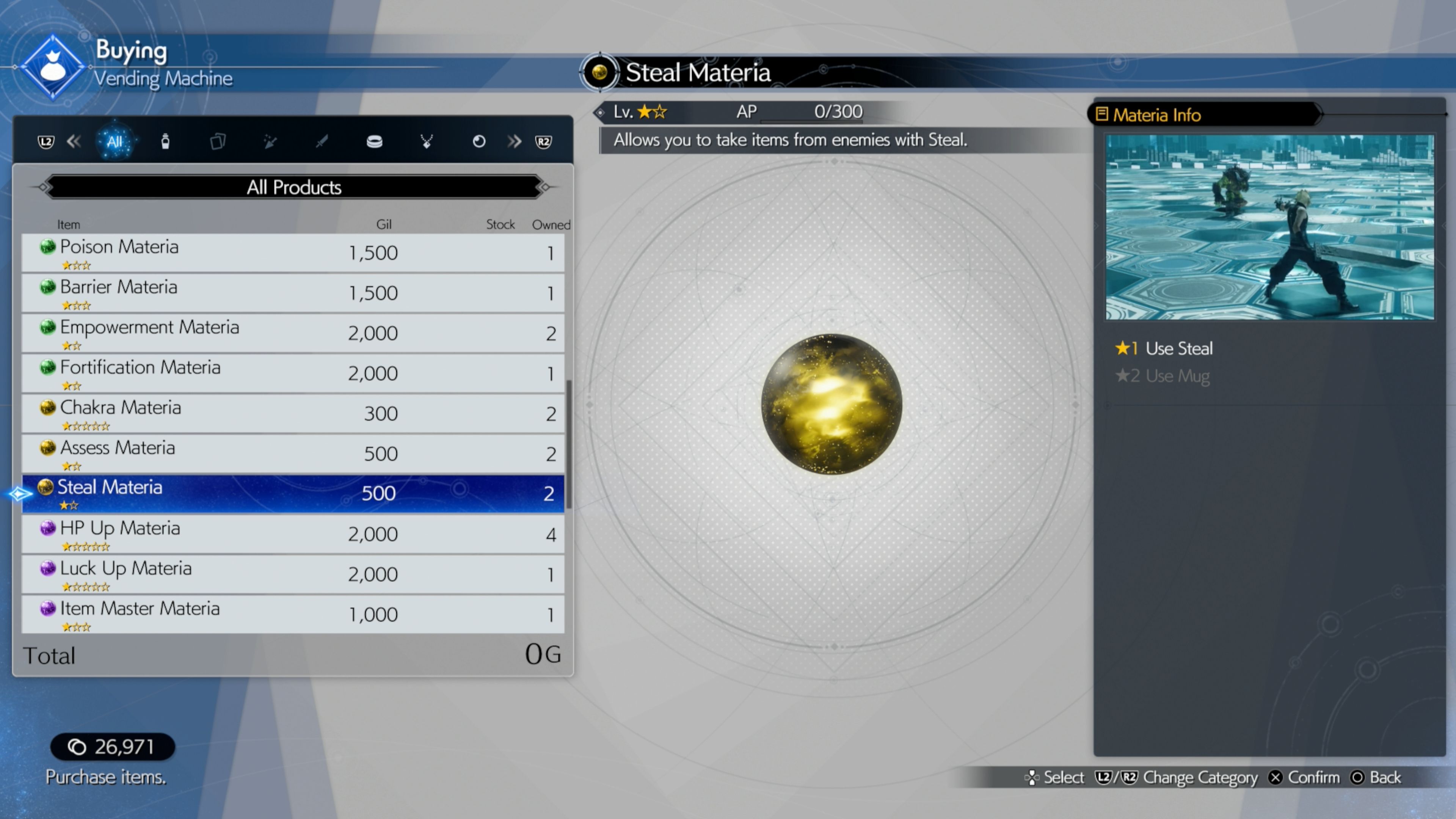 Imágenes que muestran Steal Materia disponible para su compra a través de una máquina expendedora por 500 Gil en Final Fantasy 7 Rebirth