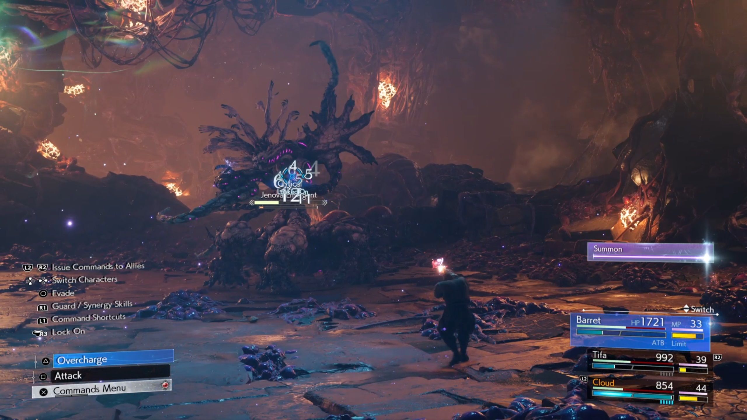 Jenova Emergence atacado por Barret en un campo de batalla en ruinas en FF7 Rebirth